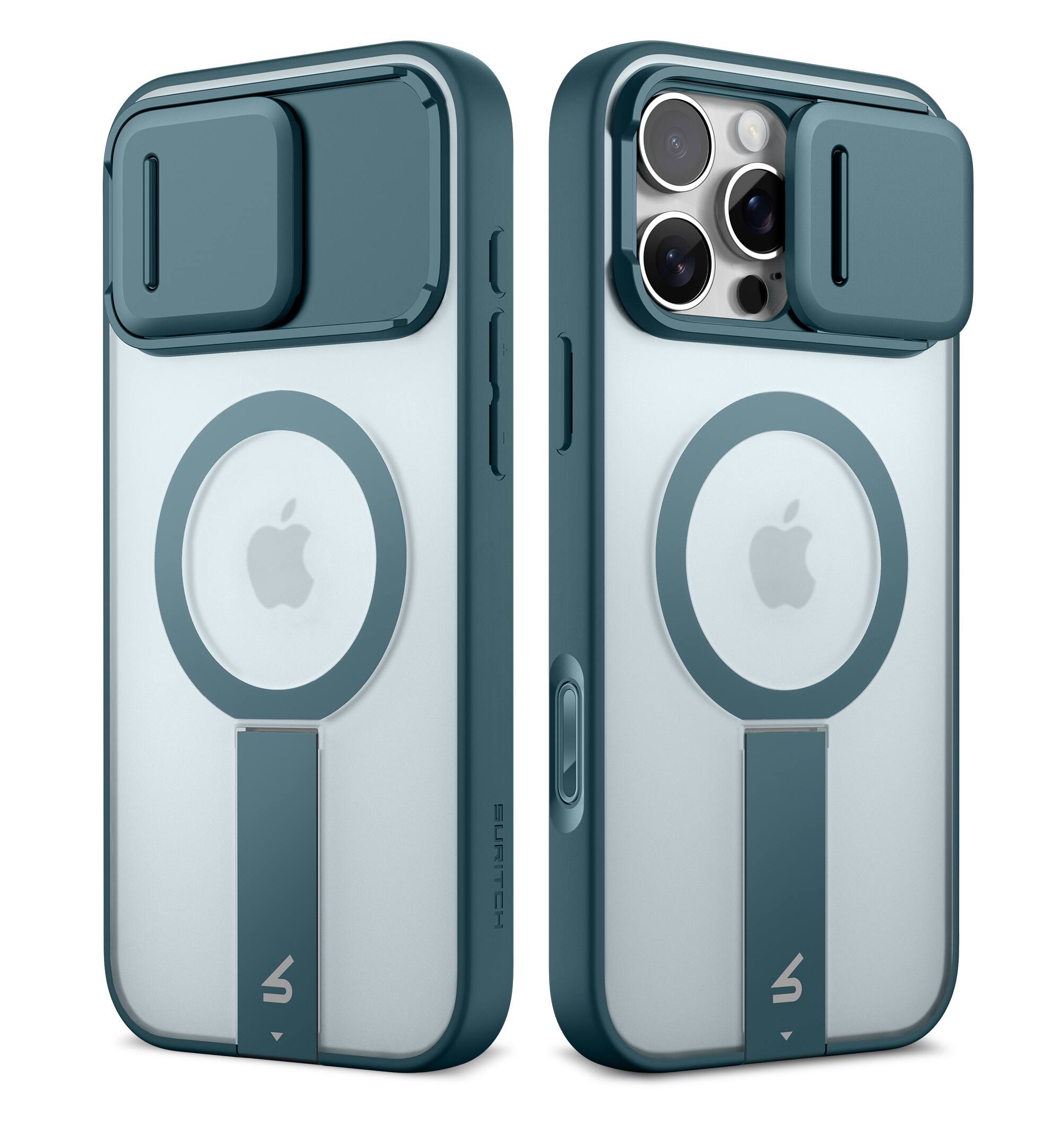 Angle. SURITCH - Rugged Case for iPhone 16 Pro Max, Compatible with MagSafe, Built-in Kickstand & Camera Cover & Translucent Back - Lake Green.