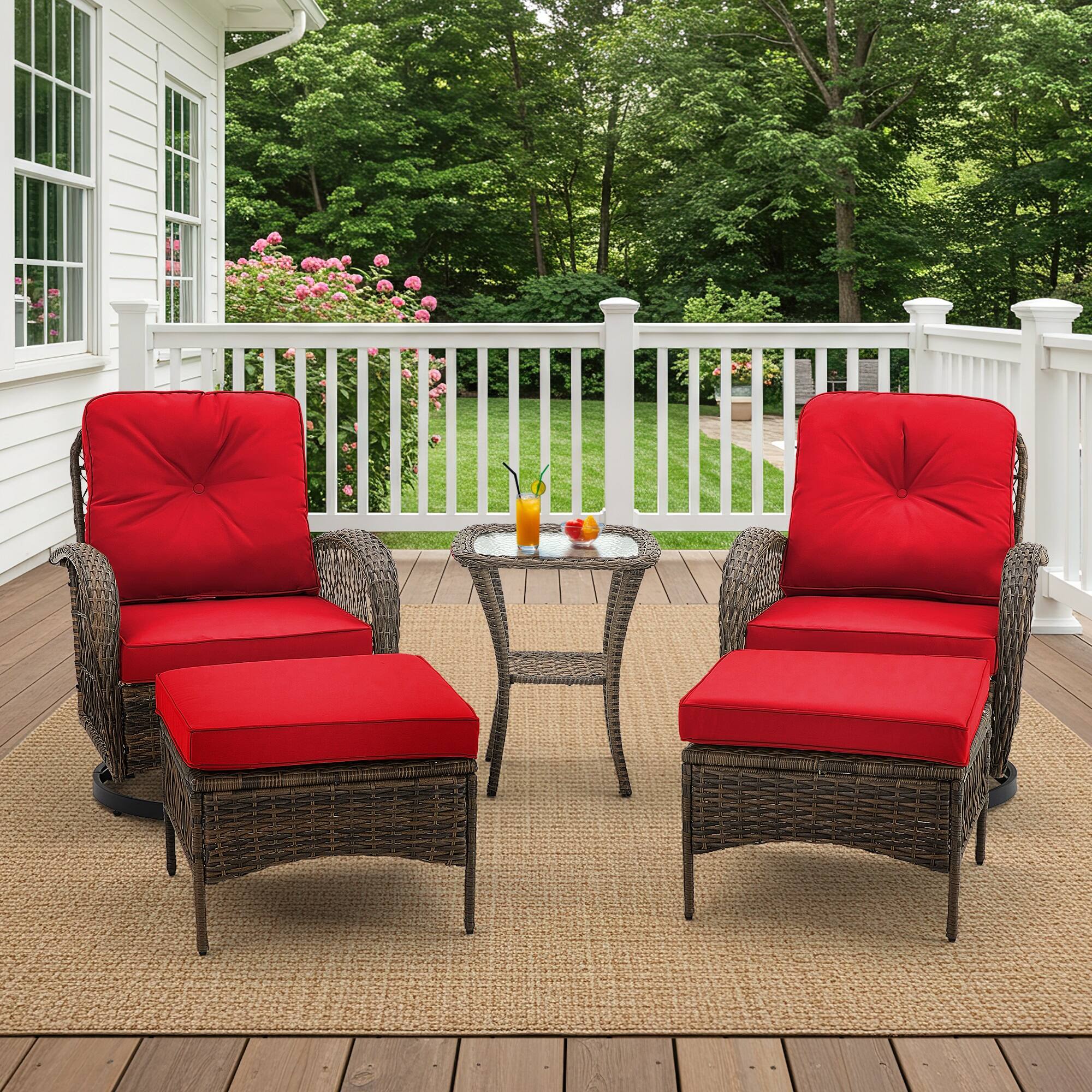 Left. U-HOMY - 360° Swivel Rocking Patio Chairs with Cushions & Tempered Glass Table, Wicker Conversation Set, 5-Piece - Red.