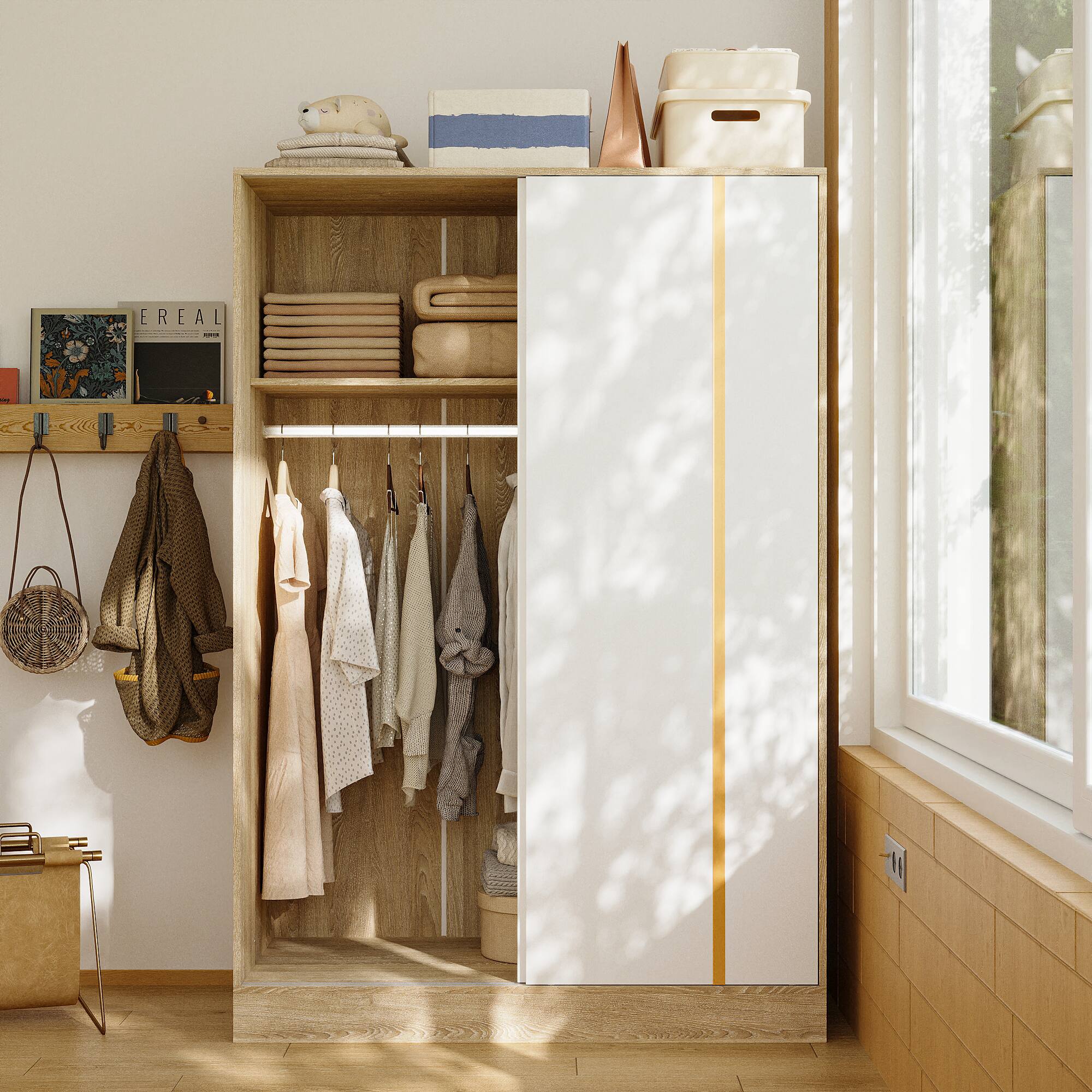 Left. Famapy - Sliding Door Wardrobe with Smart Storage Zones for Small Spaces Bedroom Closet Organizer - White & Wooden.