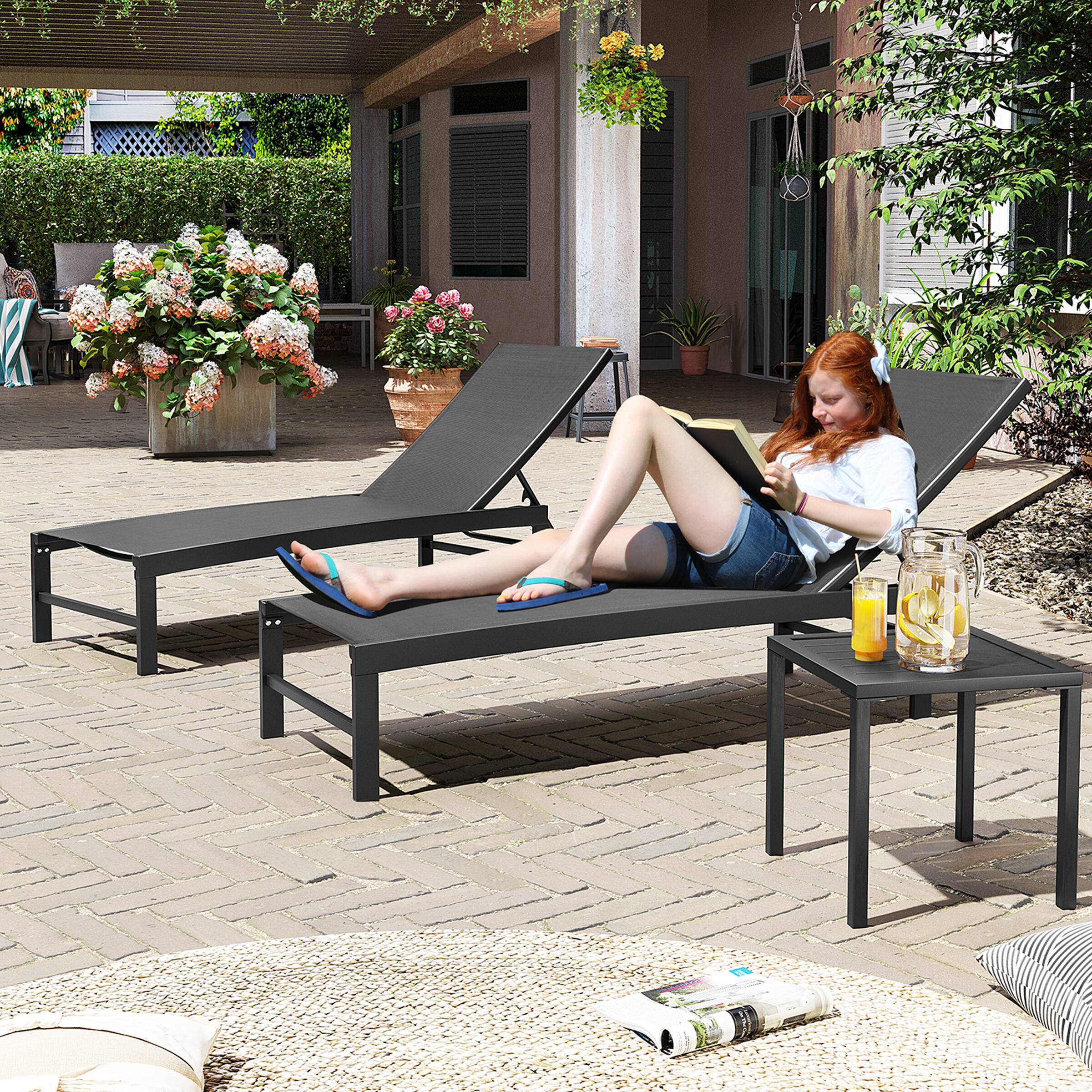 Left. Crestlive Products - Crestlive Products 3 pcs Outdoor Aluminum Mesh Chaise Lounge Chairs and Side Table Set with Adjustable Backrest Black - Black.