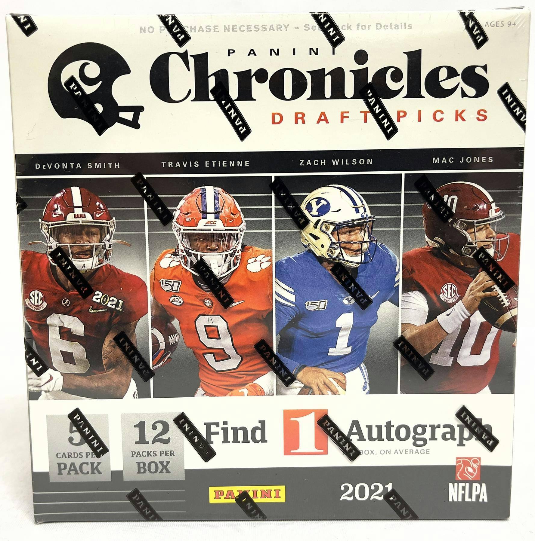 NO PURCHASE NECESSARY - See Insert for Details  
AGES 9+  

PANINI Chronicles  
DRAFT PICKS  

DEVONTA SMITH  
TRAVIS ETIENNE  
ZACH WILSON  
MAC JONES  

5 CARDS PER PACK  
12 PACKS PER BOX  

Find 1 Autograph  
ON AVERAGE  

PANINI  
2021  
NFLPA