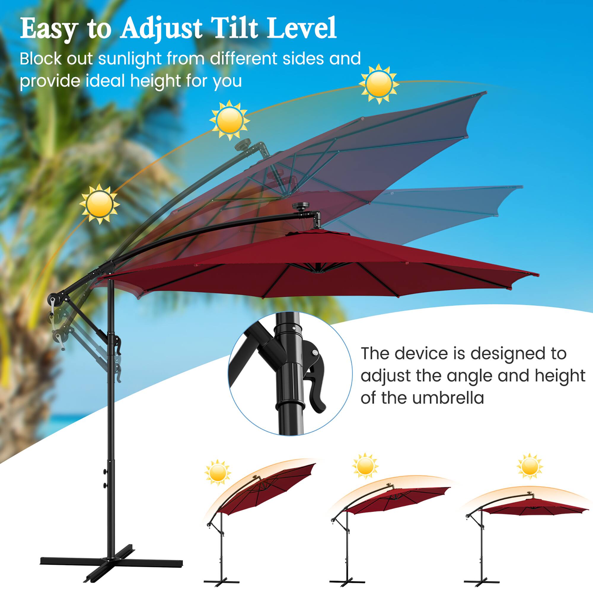 Easy to Adjust Tilt Level, Block out sunlight from different sides and provide ideal height for you. The device is designed to adjust the angle and height of the umbrella.