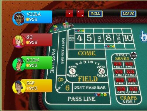 VOOLA 925  
GO 925  
BOOM 925  
ZAP 925  

ROLL  
LEAVE  

COME  
4 5 6 8 9 10  
DON'T COME BAR  

PASS LINE  
DON'T PASS BAR  

SEVEN  
5 FOR 1  
7 FOR 1  
10 FOR 1  
12 DOUBLE  
12 TRIPLE  
30 FOR 1  
15 FOR 1  

FIELD  
2  
6  
8 FOR 1  

CRAPS  
8 FOR 1  

PAY  
3 4 9 10 11  
2  
12  

BAR