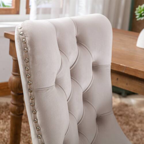 Alt View 5. LUCKY ONE - Assembled Tufted Velvet Dining Chair Set of 2 with Wood Legs Nailhead Trim High Back - Beige.