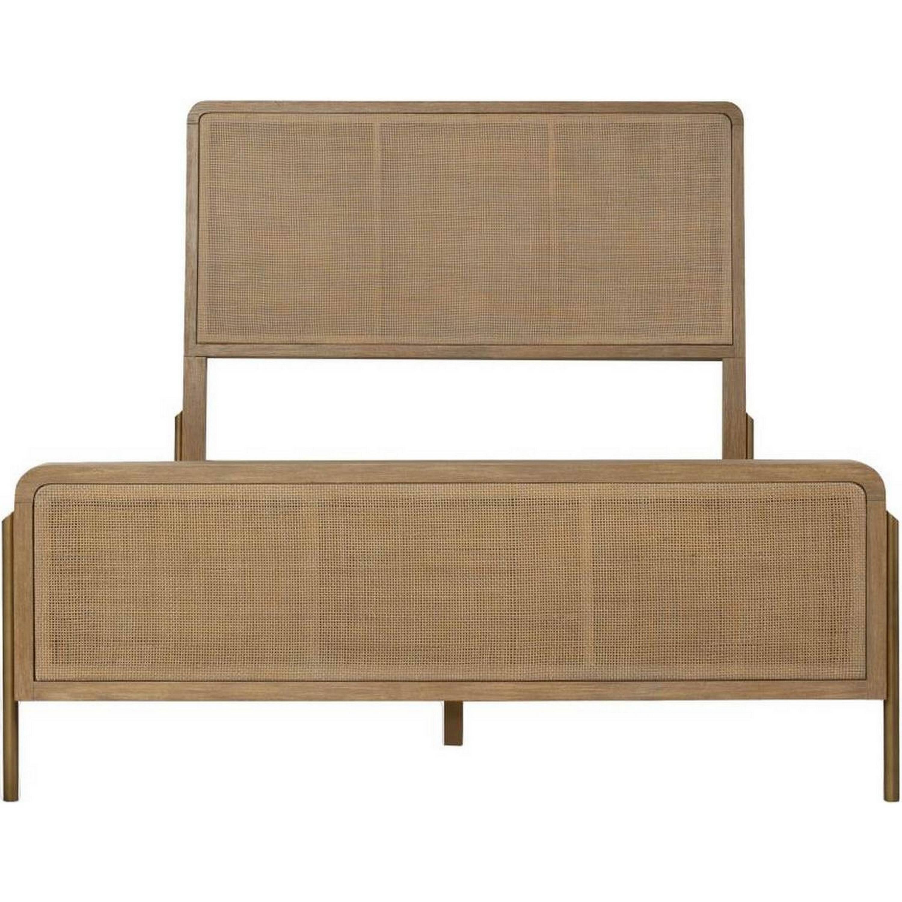 Alt View 2. Manhattan Lane - Sea Wood Queen Size Bed with Woven Cane Design, Open Panel, 4 Slats - Brown.