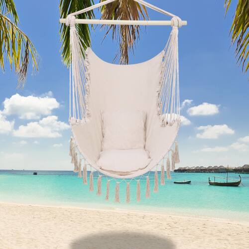 Alt View 9. Winado - Hanging Rope Swing Hammock Chair Macrame Hammock Swing Seat w/ 2 Cushions, Steel Spreader Bar, Tassels for In/Outdoor - Beige.