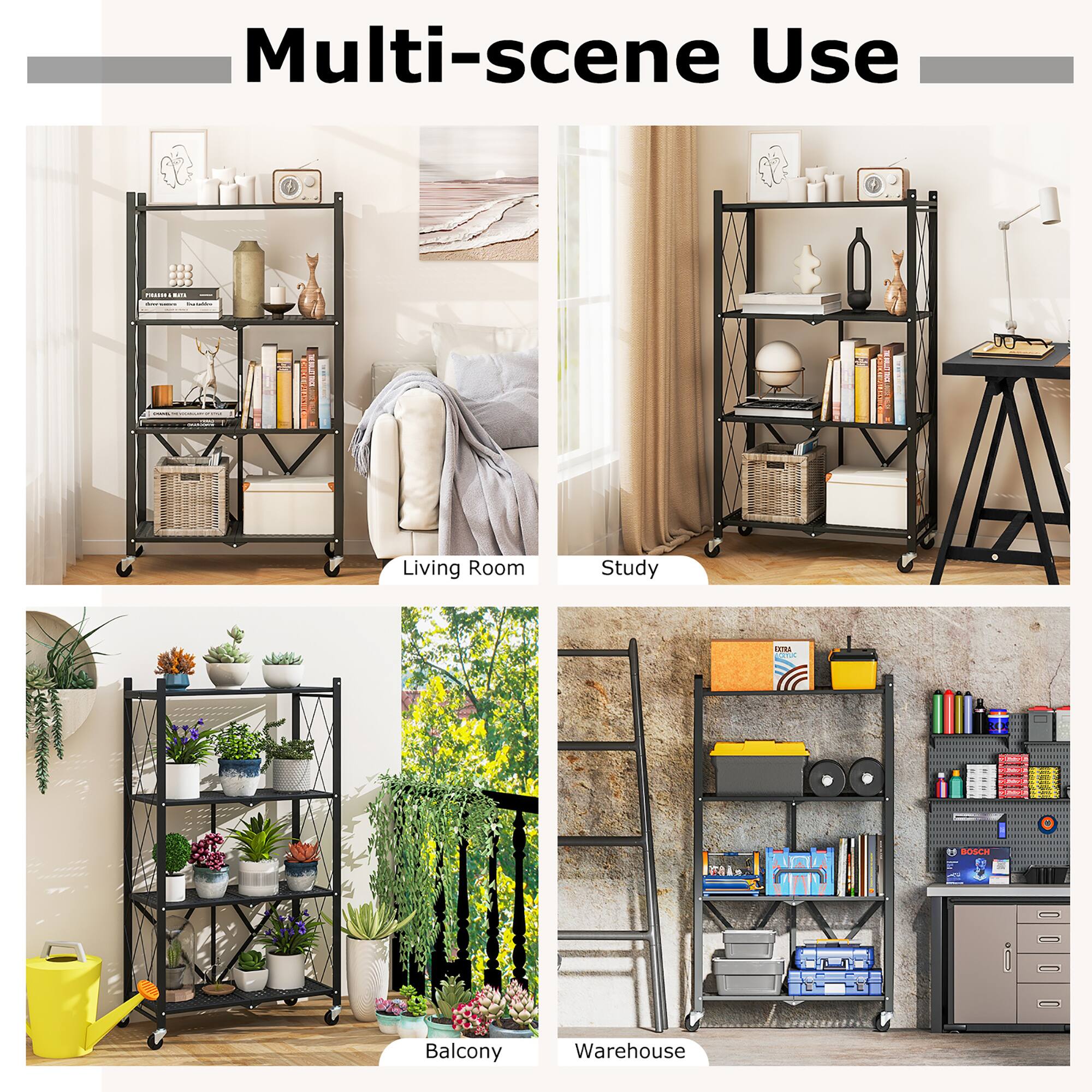 Alt View 8. Gymax - Gymax 4-tier Foldable Storage Shelving Unit w/4 Universal Wheels for Kitchen Study - Black.