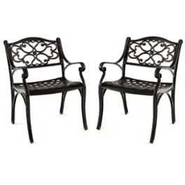 Costway - 2 PCS Cast Aluminum Patio Chairs Set of 2 Outdoor Dining with Armrests & Curved Seats - Bronze