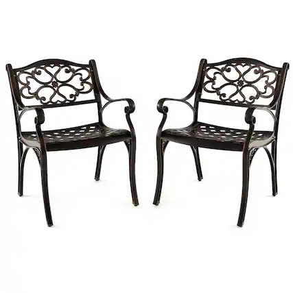 Front. Costway - 2 PCS Cast Aluminum Patio Chairs Set of 2 Outdoor Dining with Armrests & Curved Seats - Bronze.