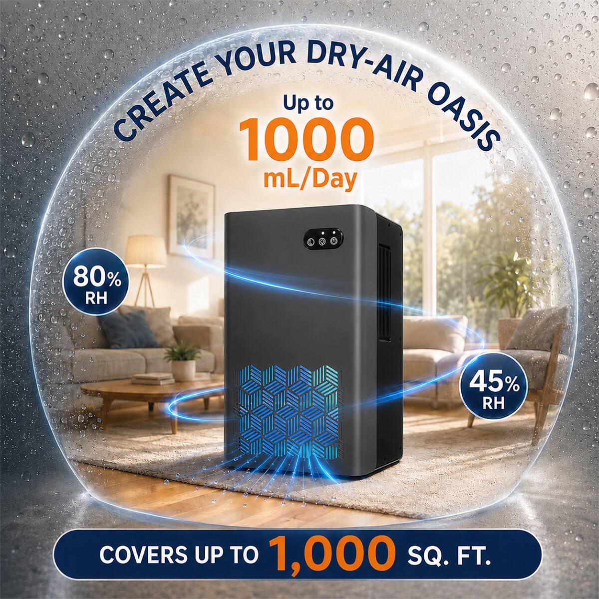 CREATE YOUR DRY-AIR OASIS  
Up to 1000 mL/Day  
80% RH  
45% RH  
COVERS UP TO 1,000 SQ. FT.