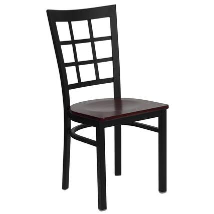 Front. Emma + Oliver - Window Back Metal Restaurant Dining Chair - Mahogany Wood Seat/Black Metal Frame.