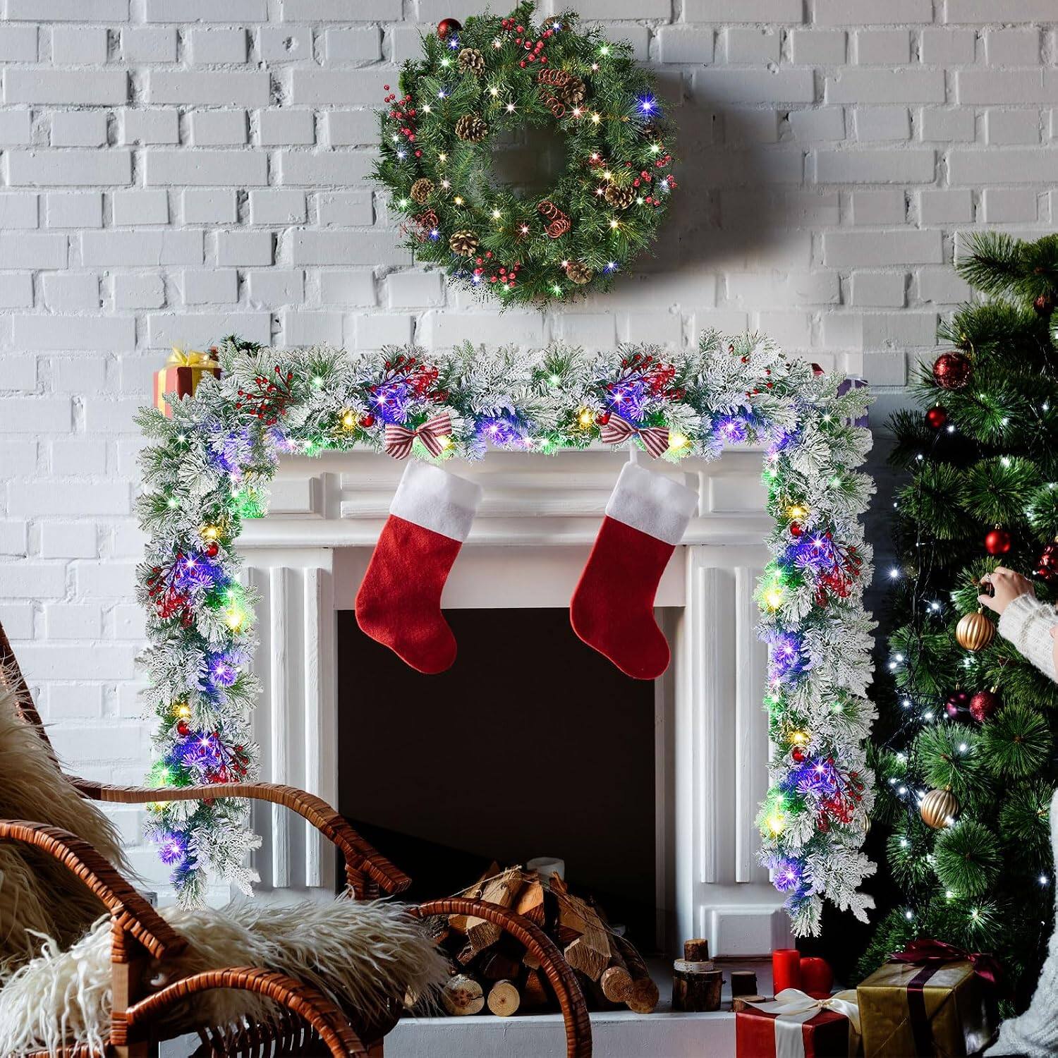 Back. Oumilen - 9FT Pre-Lit Flocked Christmas Garland – Battery Operated Timer, Snowy Pine with Berries for Fireplace.