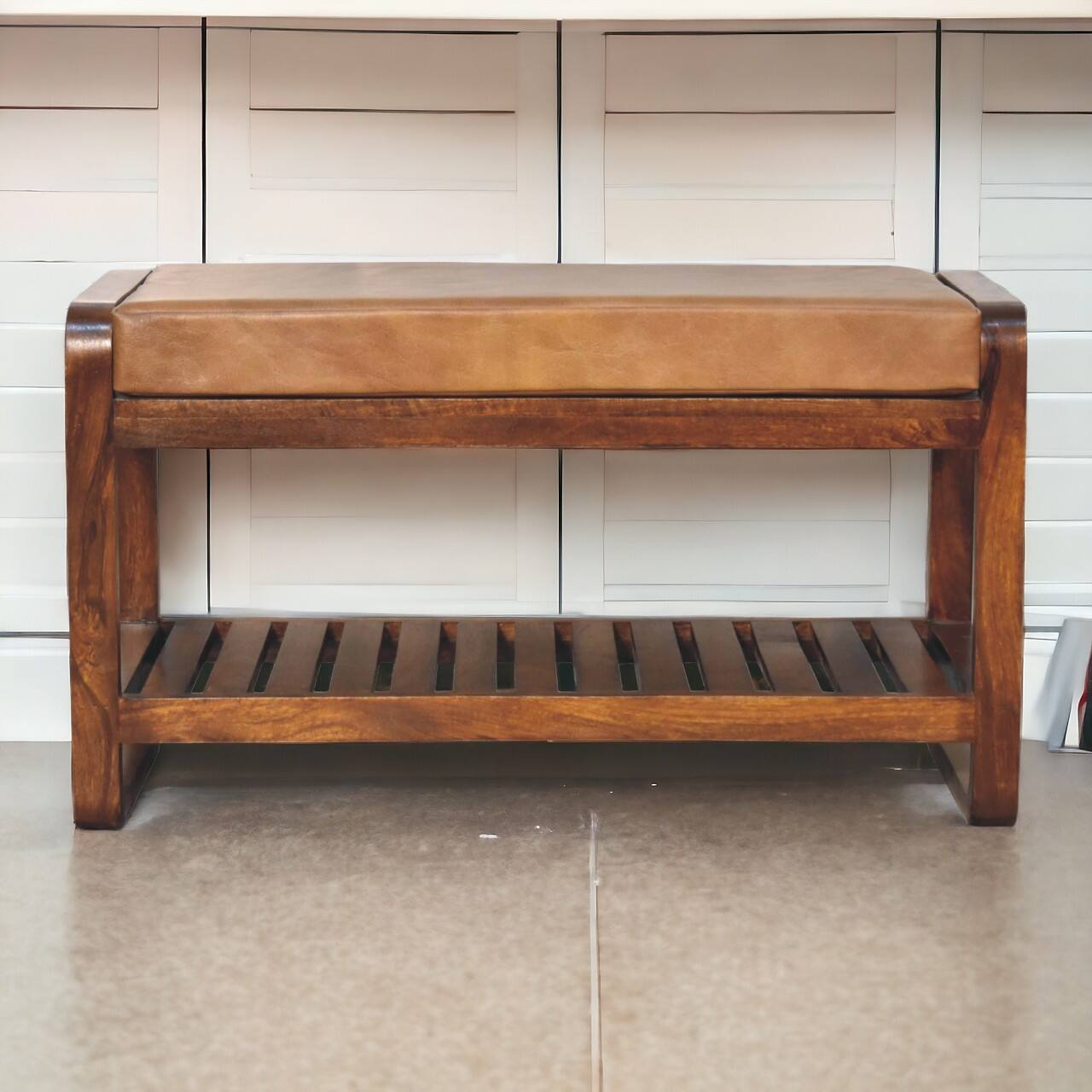 Angle. Artisan Furniture - Artisan Furniture Solid Wood Small Buffalo Slatted Hallway Bench, Upholstered, 1 Shelf, Brown - Brown.