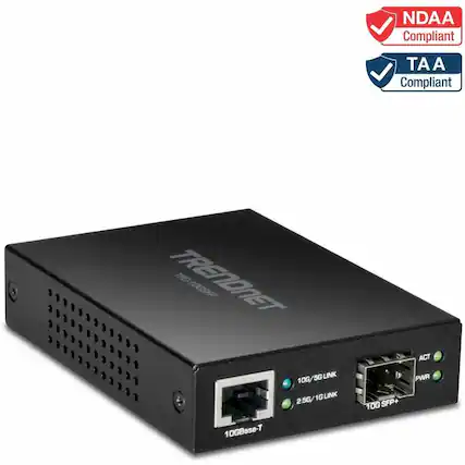 NDAA Compliant TAA Compliant TRENDNET TFC-108SF 10G/5G LINK 2.5G/1G LINK 10GBase-T SFP+ ACT PWR