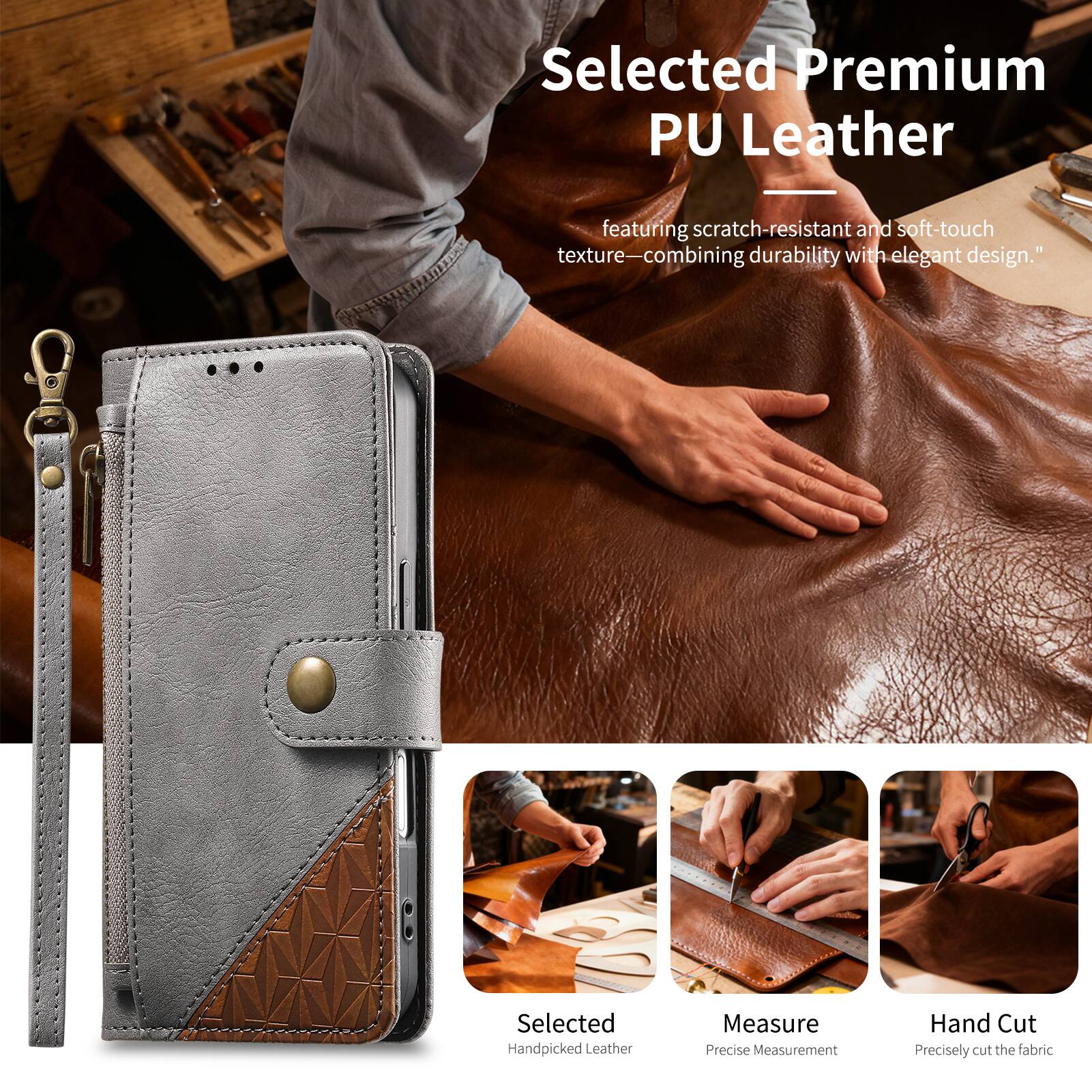 Selected Premium PU Leather | featuring scratch-resistant and soft-touch texture—combining durability with elegant design.  
Selected Handpicked Leather  
Measure Precise Measurement  
Hand Cut Precisely cut the fabric