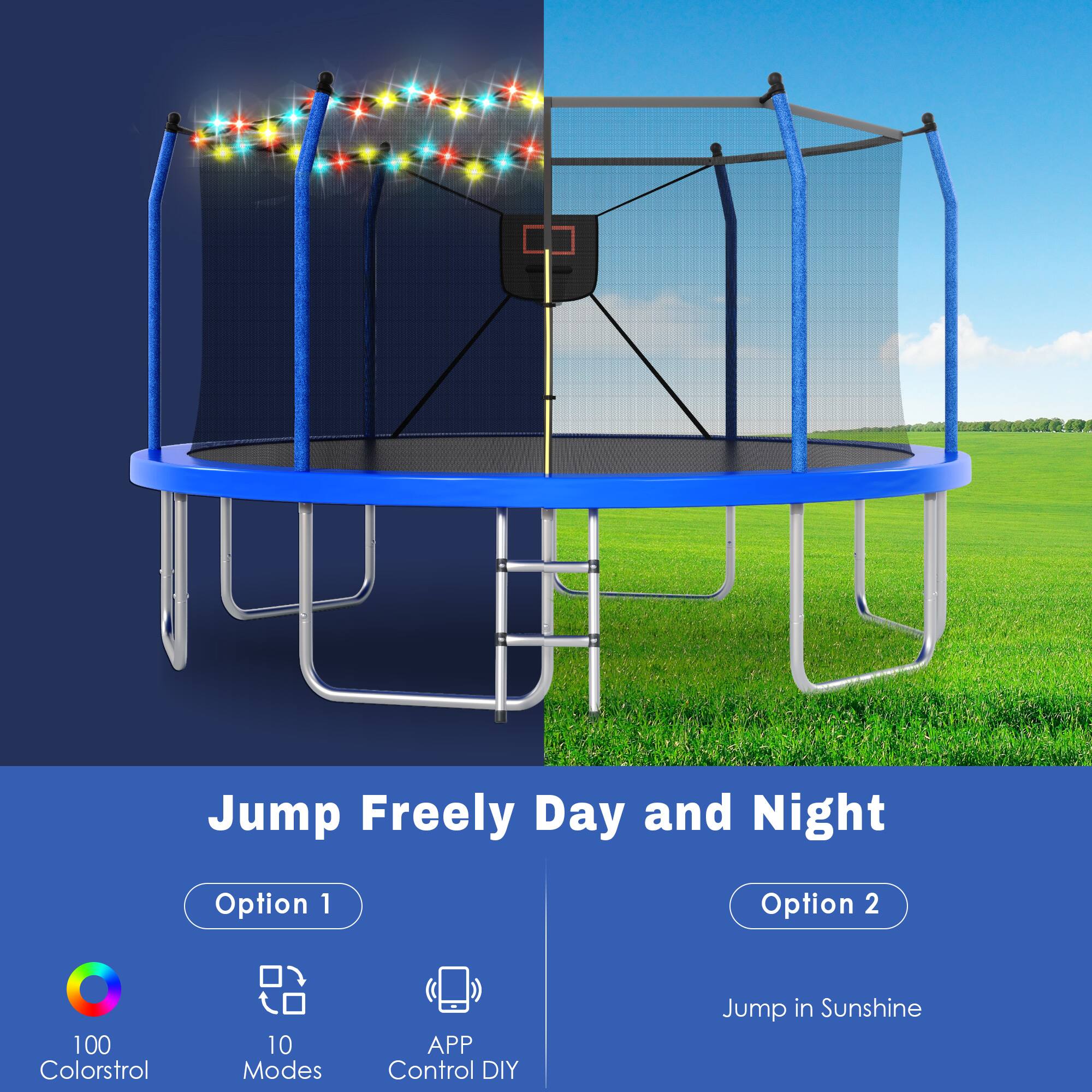 Jump Freely Day and Night

Option 1
- 100 Colorstrol
- 10 Modes
- APP Control DIY

Option 2
- Jump in Sunshine