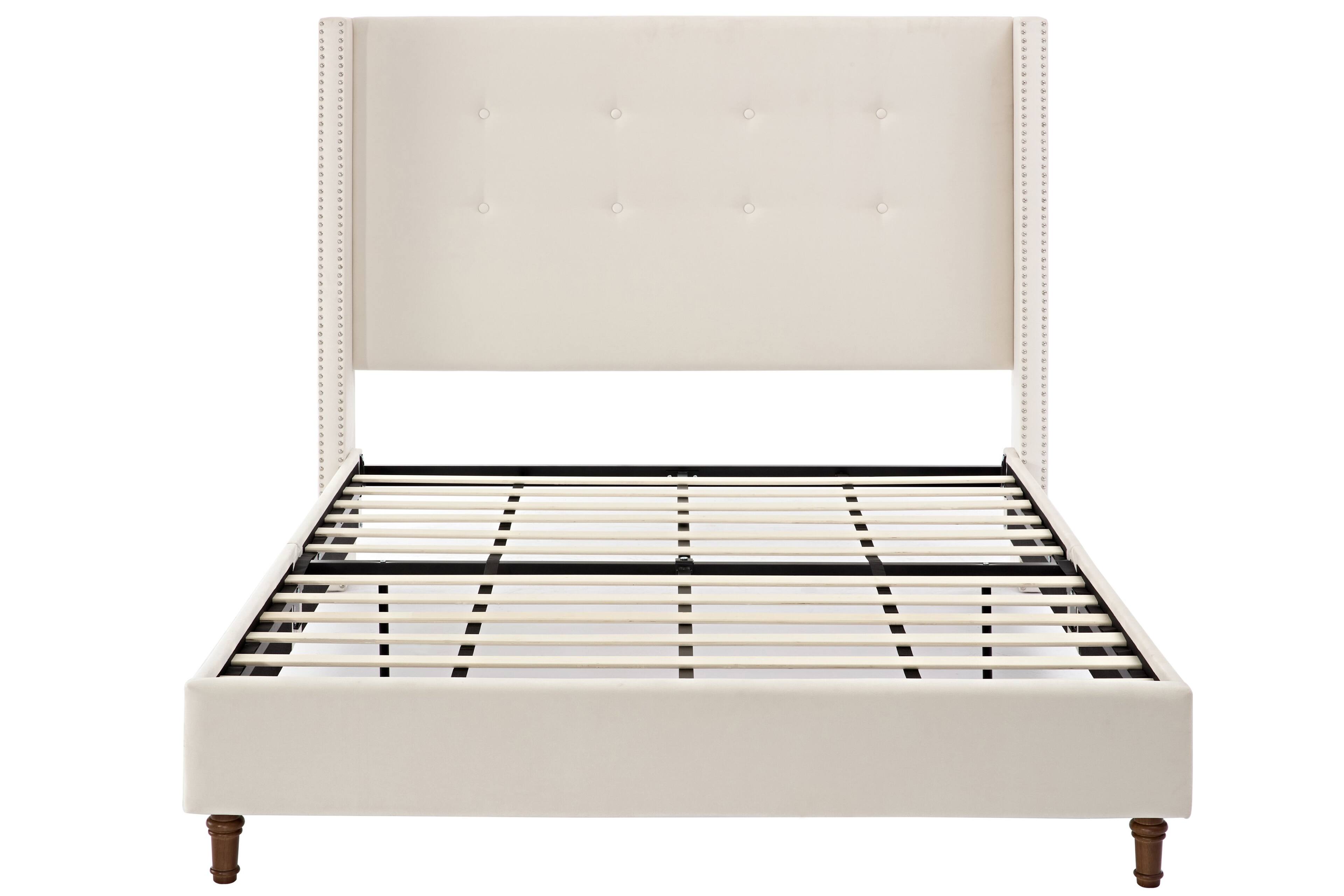 Alt View 1. LUCKY ONE - Queen Size Upholstered Bed Frame with High Wingback Headboard - Ivory.