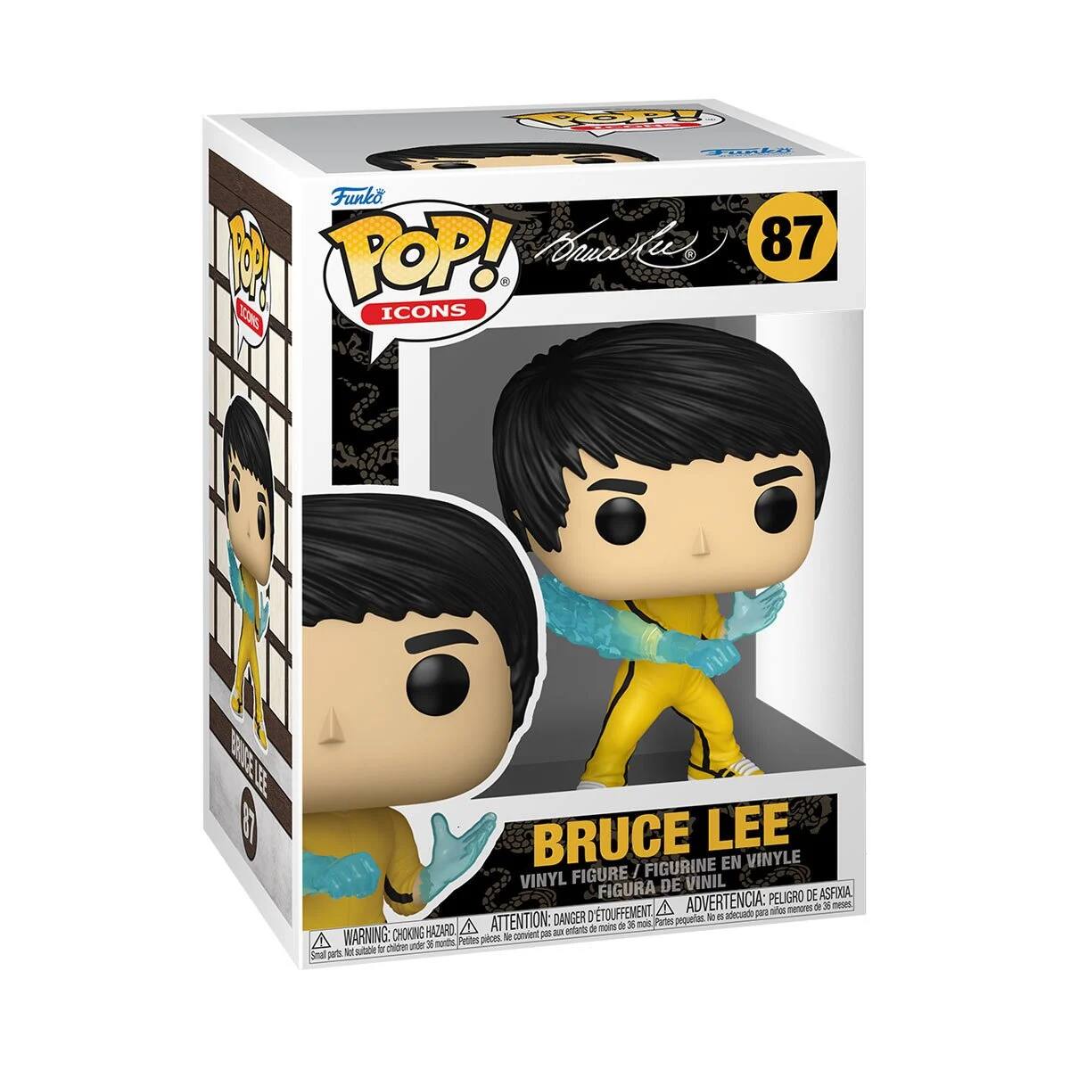 STAL Funko POP! ICONS BRUCE LEE FIGURINE EN VINYLE FIGURE / VINYL FIGURA DE VINIL ADVERTENCIA: PELIGRO DE ASFIA ATTENTION: DANGER I ETOUFFEMENT Pate pequetas N a CONB SE A meins a 26 nos FAZARO a onfants WARNING: CHOKING Pettes pieoes d canver p chiden unde 3 nots NE sutabe a Smal pu