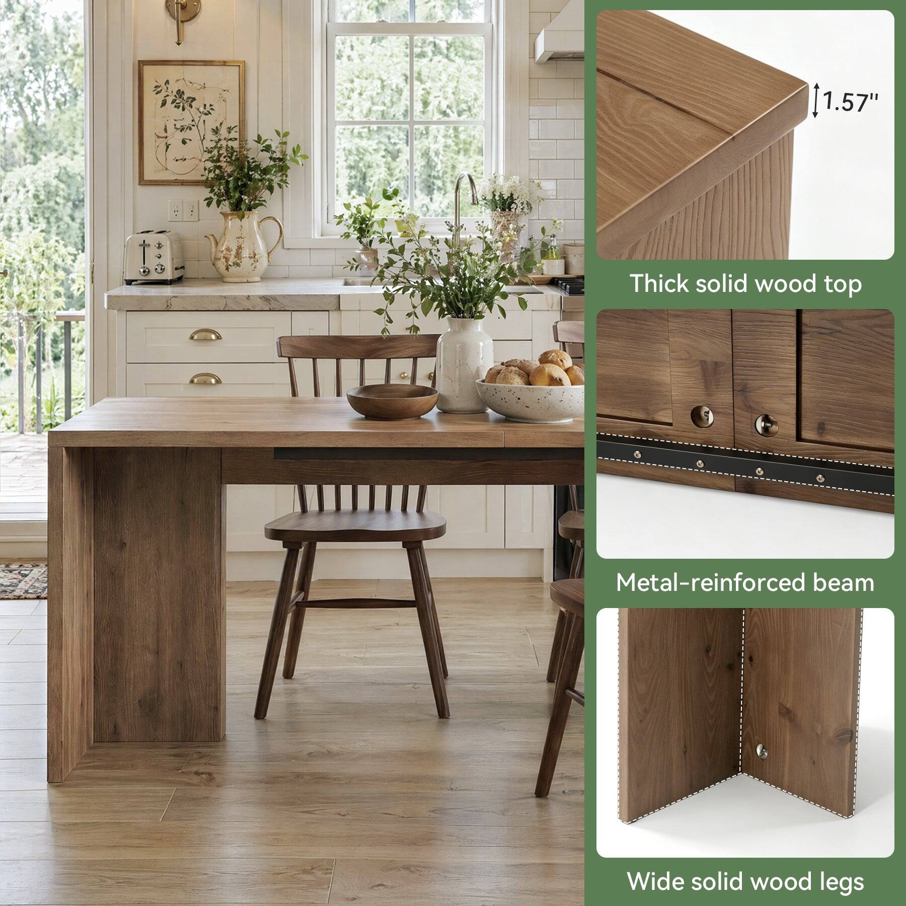 1.57"  
Thick solid wood top  
Metal-reinforced beam  
Wide solid wood legs