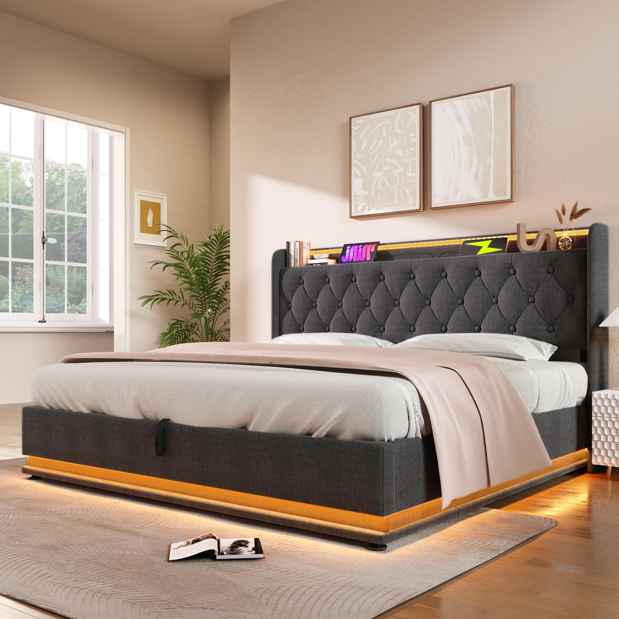 LUCKY ONE - King size Linen Upholstered Bed Frame with 360 surround LED function and USB Type-C charging - Gray