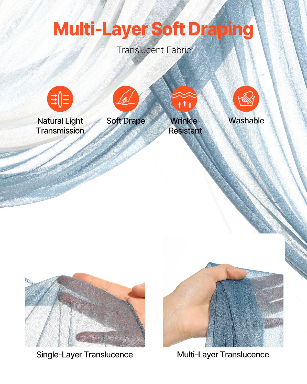 Multi-Layer Soft Draping  
Translucent Fabric

- Natural Light Transmission
- Soft Drape
- Wrinkle-Resistant
- Washable

Single-Layer Translucence  
Multi-Layer Translucence