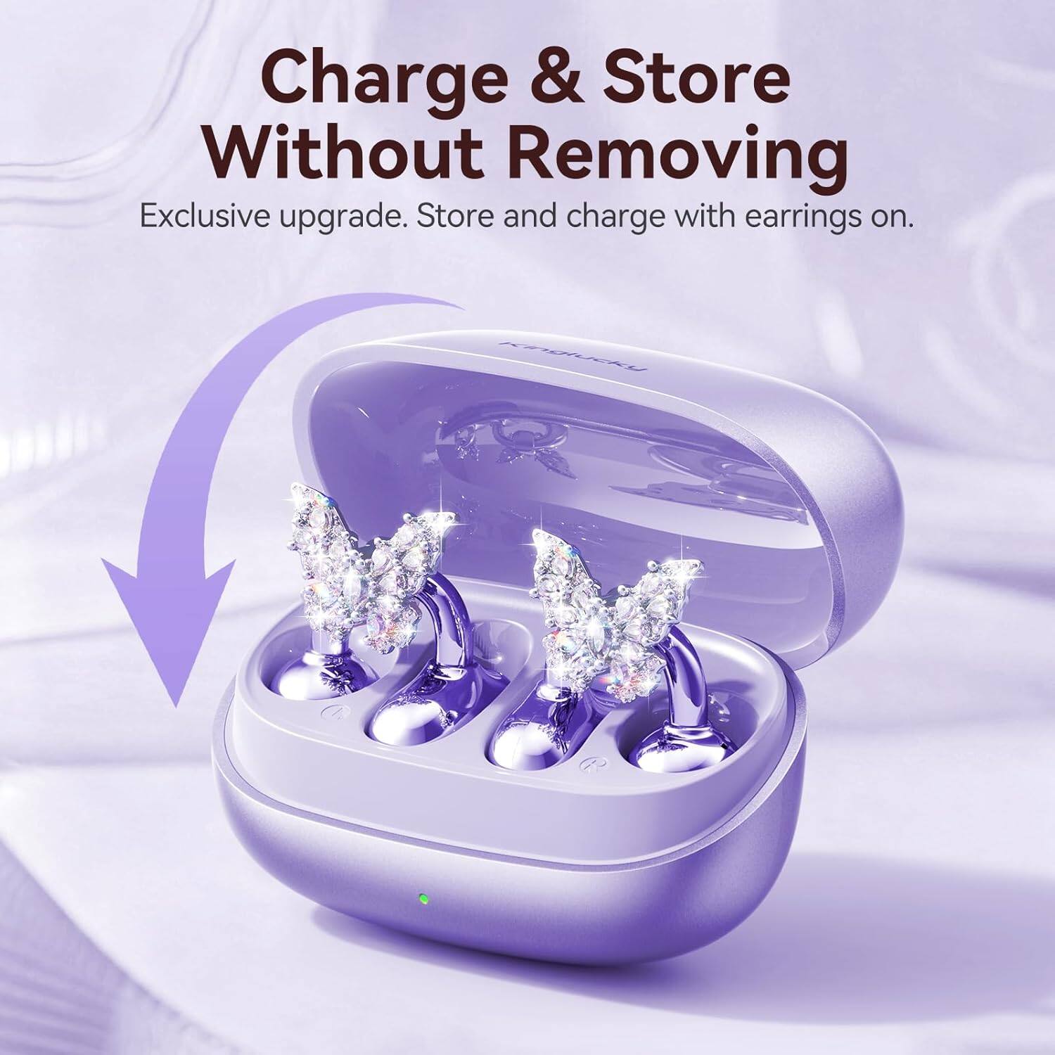 Charge & Store Without Removing  
Exclusive upgrade. Store and charge with earrings on.