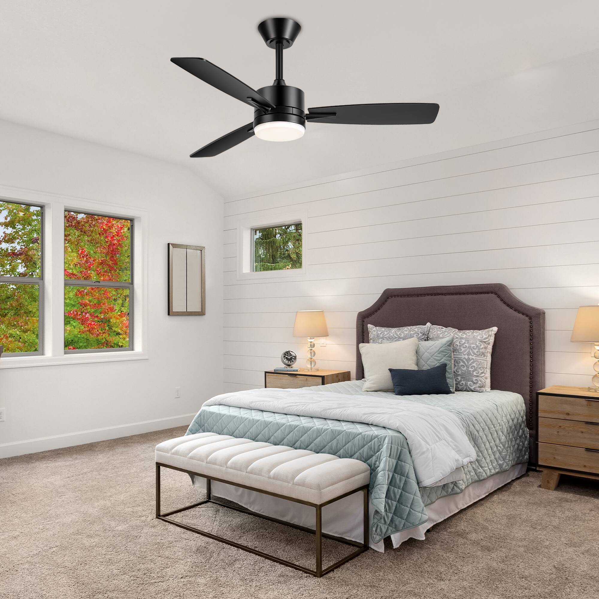 Back. Breezary - 42 Inch Modern Ceiling Fan with LED Light, Reversible 3-Blade Dual Finish, 3-Color Temperature, Remote, 2 Downrods - matte black and walnut.