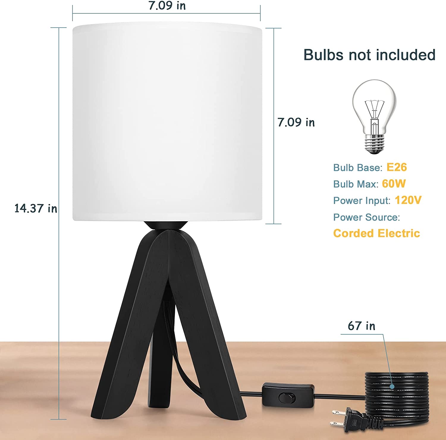7.09 in  
Bulbs not included  
7.09 in  
14.37 in  
Bulb Base: E26  
Bulb Max: 60W  
Power Input: 120V  
Power Source: Corded Electric  
67 in