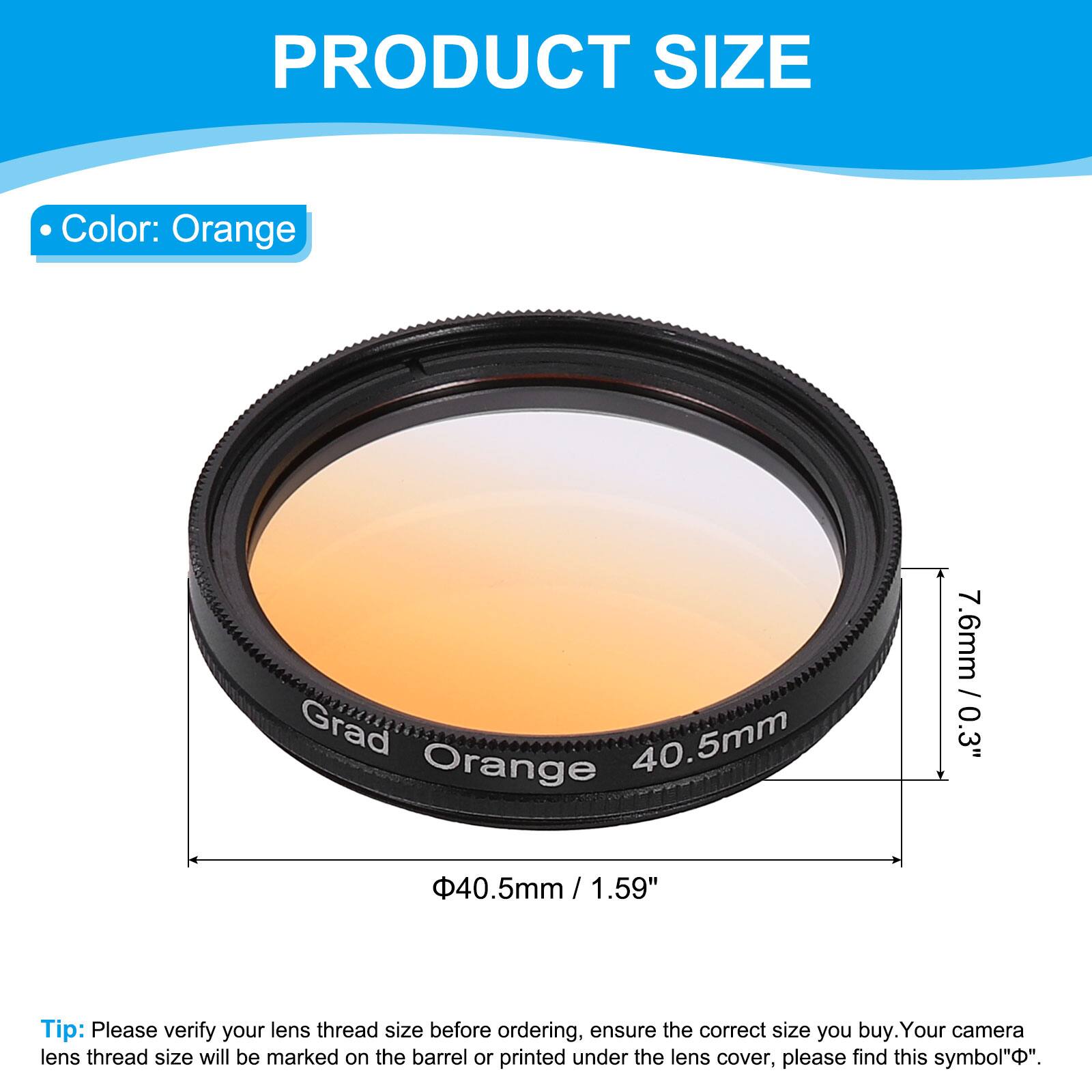 PRODUCT SIZE

- Color: Orange

- Grad Orange 40.5mm
  - 40.5mm / 1.59"
  - 7.6mm / 0.3"

Tip: Please verify your lens thread size before ordering, ensure the correct size you buy. Your camera lens thread size will be marked on the barrel or printed under the lens cover, please find this symbol "Φ".