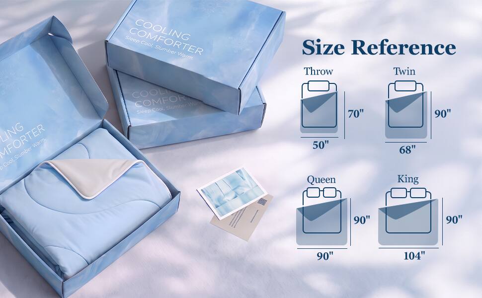 Sleep COOLING COMFORTER Cool, Slumber Warm.  
Size Reference Throw Twin  
70" 50"  
68"  
90"  
90"  
90"  
90"  
104"
