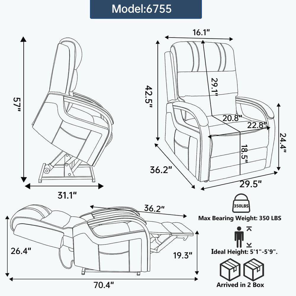 Model: 6755

- 16.1"
- 57"
- 31.1"
- 42.5"
- 36.2"
- 29.1"
- 20.8"
- 22.8"
- 24.4"
- 18.5"
- 29.5"
- 350LBS Max Bearing Weight: 350 LBS
- 26.4"
- 19.3"
- Ideal Height: 5'1"-5'9"
- Arrived in 2 Box
- 70.4"