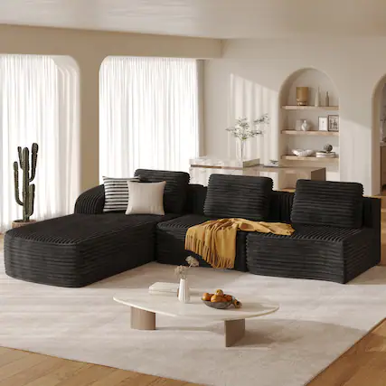 Front. Pinmoco - PINMOCO Modular Sectional Sofa, Sleeper Sofa Bed with 3 Pillows, Boneless Couch with Side Pockets - Left Chaise Black.