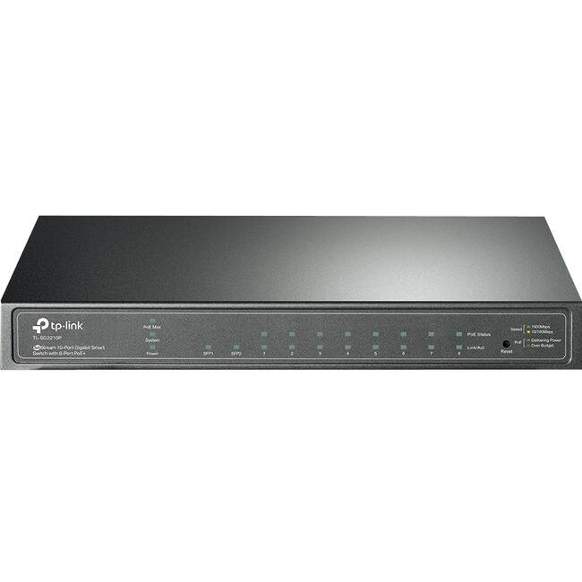 TP-Link TL-SG210P  
10-Port Gigabit Smart Switch with 8 PoE Ports  

Features:  
- 10/100/1000 Mbps  
- 8 PoE Ports  
- 2 Gigabit Ports  
- 10/100/1000 Mbps  
- 10/100/1000 Mbps  
- 10/100/1000 Mbps  
- 10/100/1000 Mbps  
- 10/100/1000 Mbps  
- 10/100/1000 Mbps  

Indicators:  
- Power  
- System  
- Port Status  
- Link/Act  
- PoE Status  
- PoE Power  
- PoE Power  
- PoE Power  
- PoE Power  
- PoE Power  
- PoE Power  
- PoE Power  
- PoE Power  

Buttons:  
- Reset  
- Other Buttons  

Specifications:  
- 10/100/1000 Mbps  
- 8 PoE Ports  
- 2 Gigabit Ports  
- 