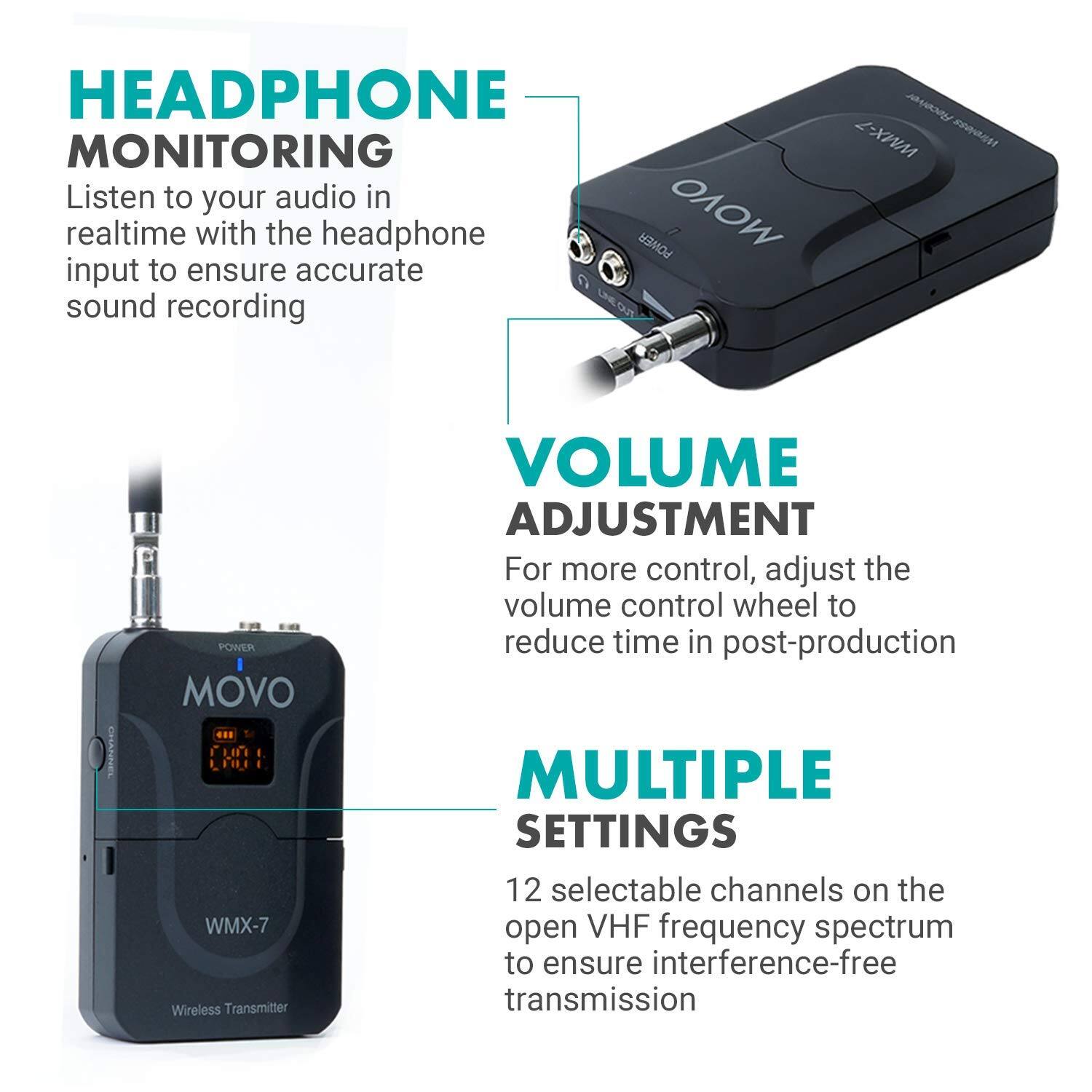 **HEADPHONE MONITORING**  
Listen to your audio in realtime with the headphone input to ensure accurate sound recording

**VOLUME ADJUSTMENT**  
For more control, adjust the volume control wheel to reduce time in post-production

**MULTIPLE SETTINGS**  
12 selectable channels on the open VHF frequency spectrum to ensure interference-free transmission