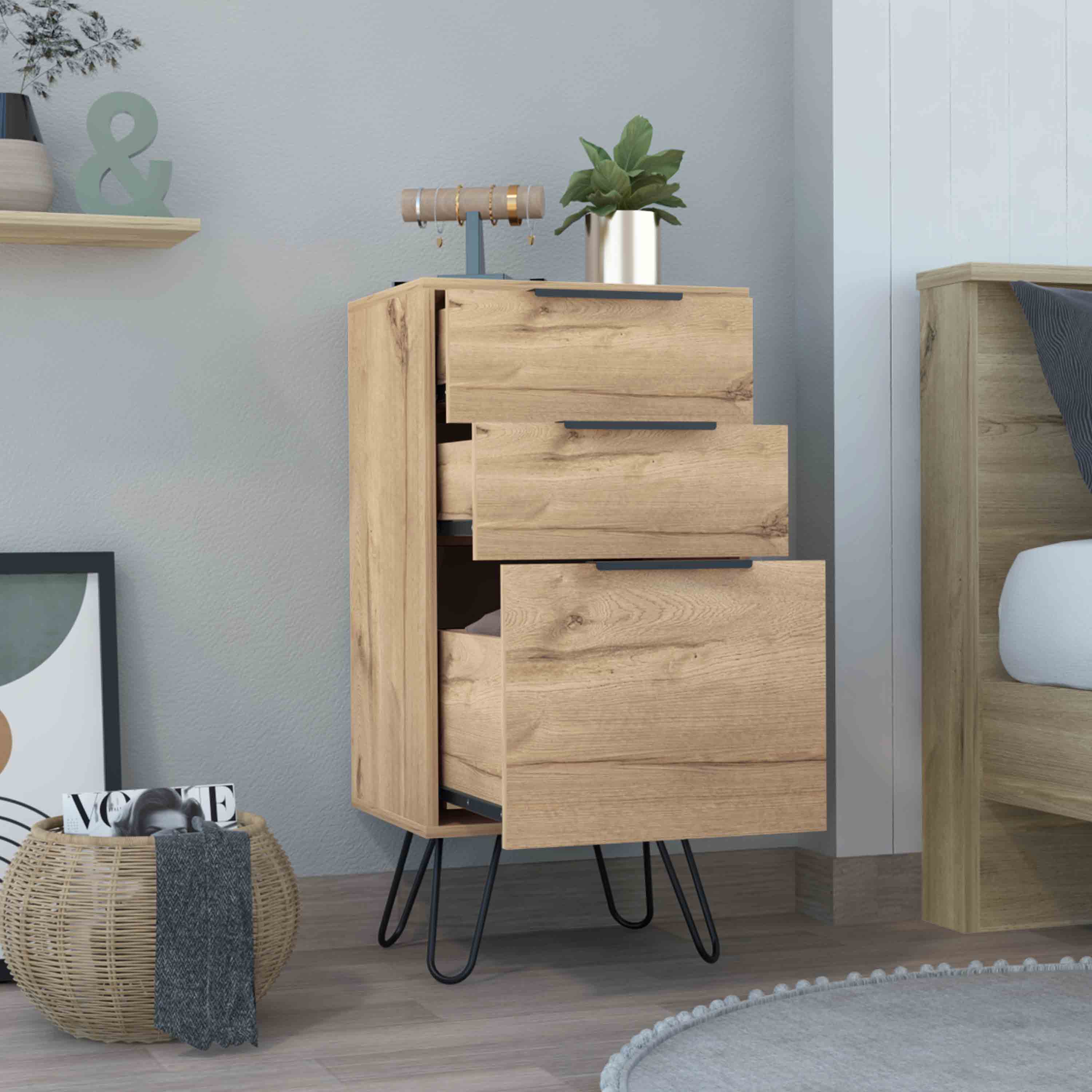 Back. TuHome - Augusta Light Dresser, Hairpin Legs, Superior Top,Three Drawers - Light Oak.