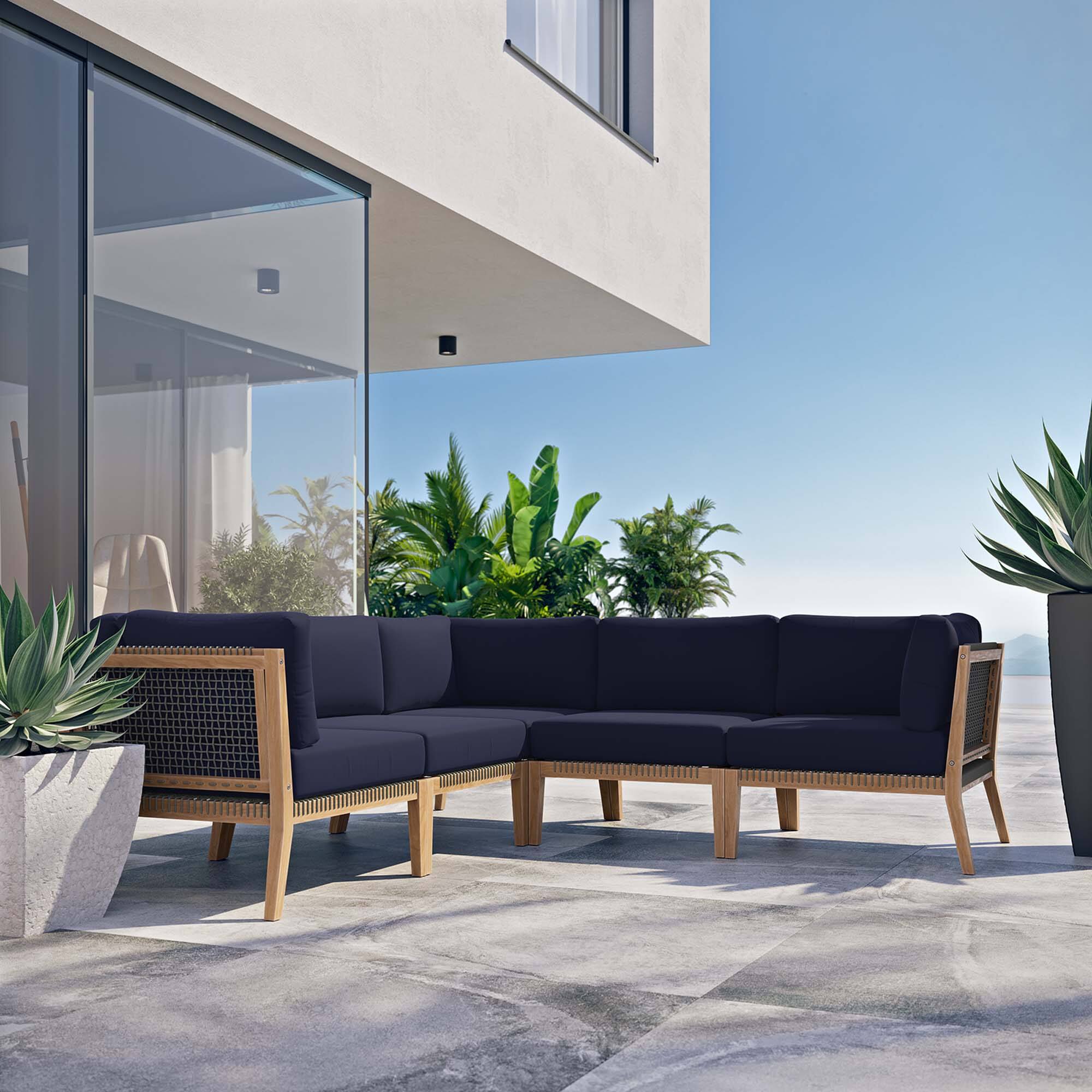 Alt View 6. Modway - Clearwater 5-Piece Outdoor Teak Wood Sectional Sofa - Gray Navy.
