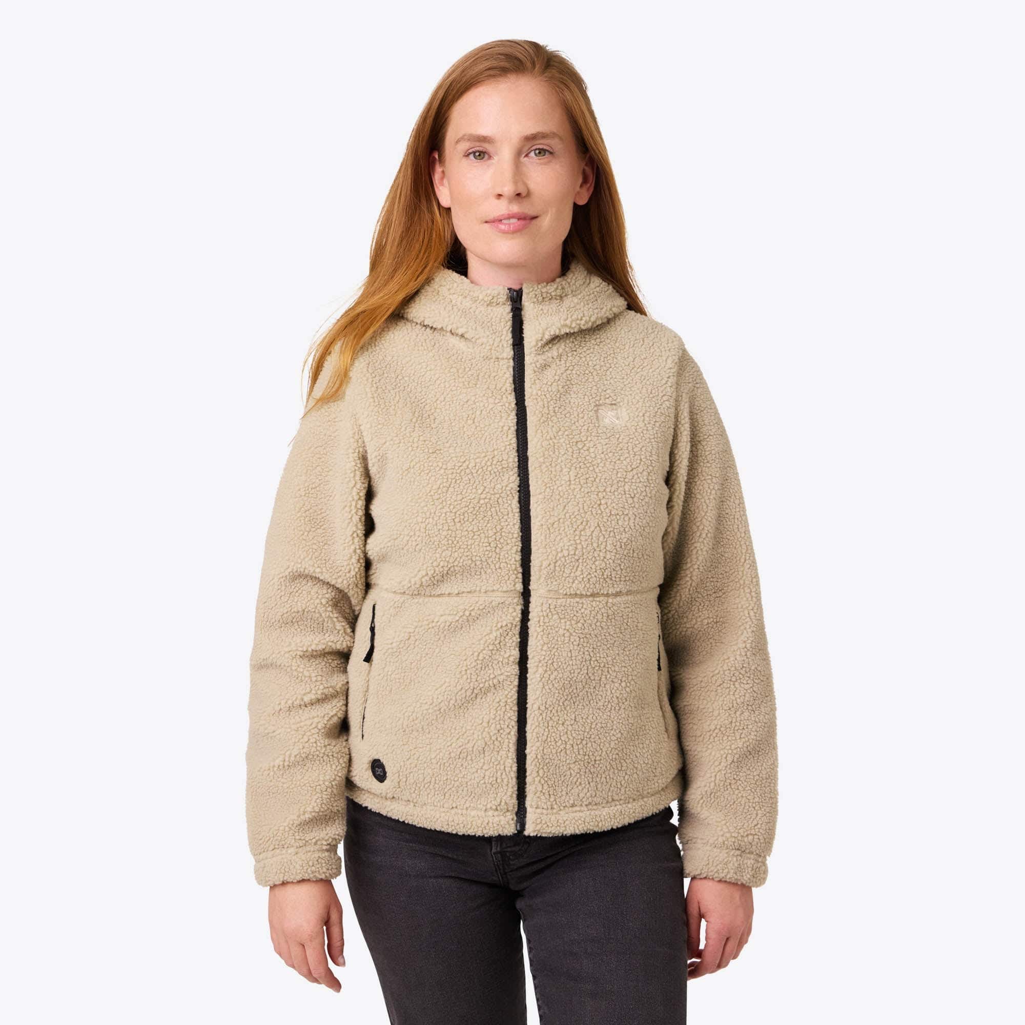Front. Mobile Warming - Women's Upland Full Zip Sherpa Heated Jacket - Coffee.