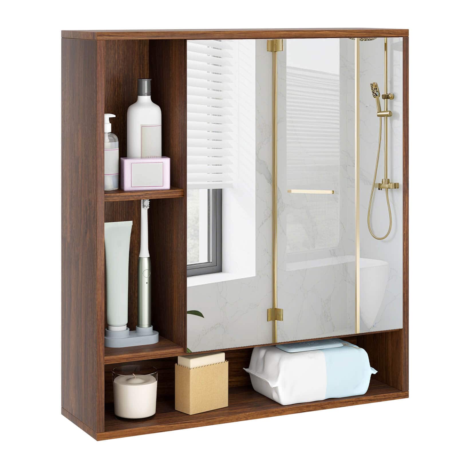Costway - Bathroom Wall Cabinet with Mirror, Single Door, 3 Open Shelves & Adjustable Shelf - Walnut