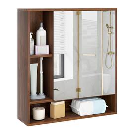 Costway - Bathroom Wall Cabinet with Mirror, Single Door, 3 Open Shelves & Adjustable Shelf - Walnut