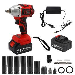Topteng - 1/2" 21V Brushless Cordless Impact Wrench with two Battery & 6 Sockets - 260Nm Torque,3300RPM, Electric Ratchet for Home