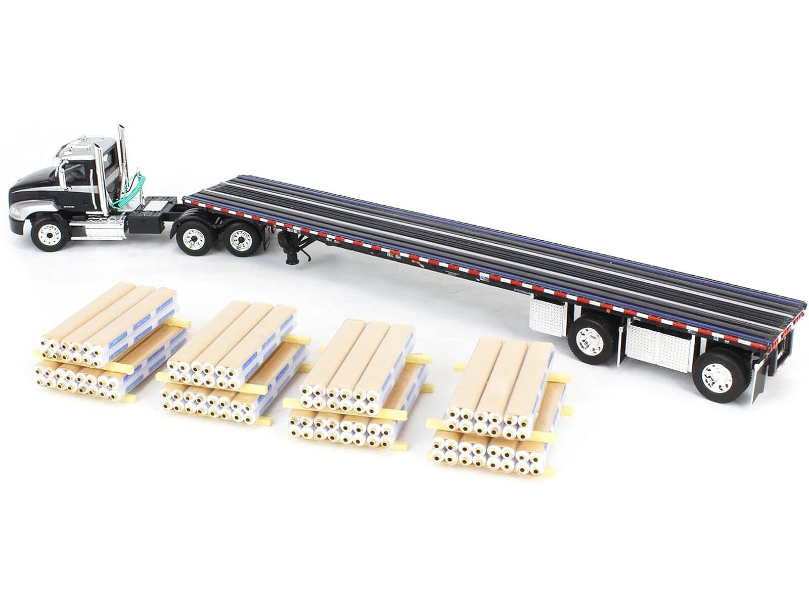 Back. First Gear - Mack Pinnacle Day Cab w/ Minimizer & 53' Wilson Flatbed Trailer "Carlisle Roofing" Pallets Black/Silver 1/64 DCP - Multi.