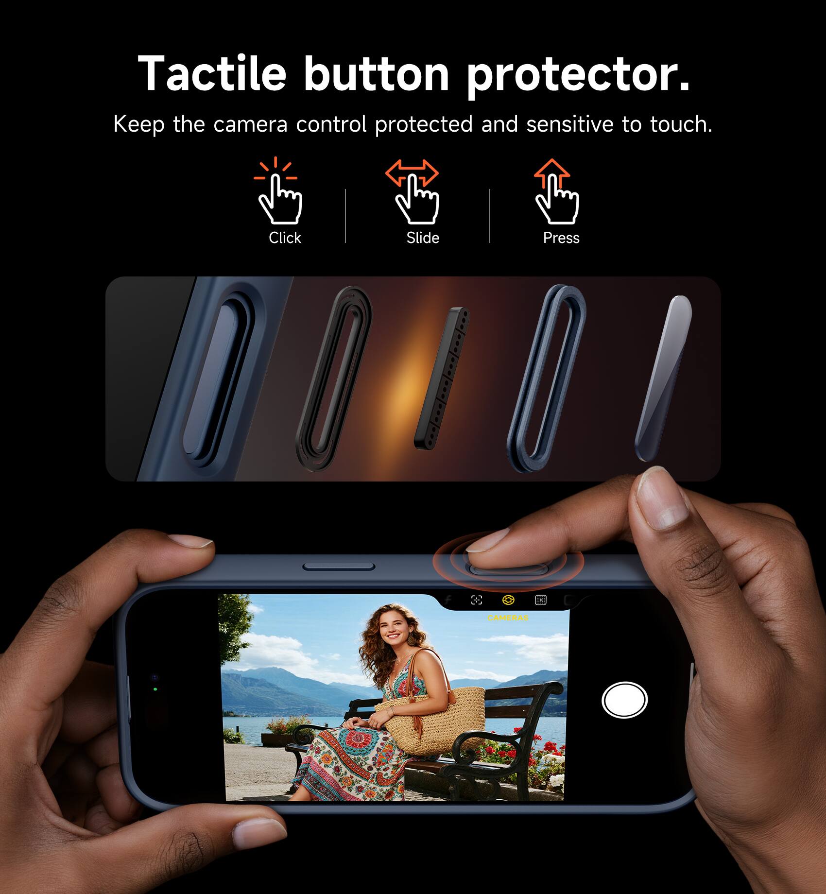 Tactile button protector.  
Keep the camera control protected and sensitive to touch.  
Click Slide Press CAMERAS