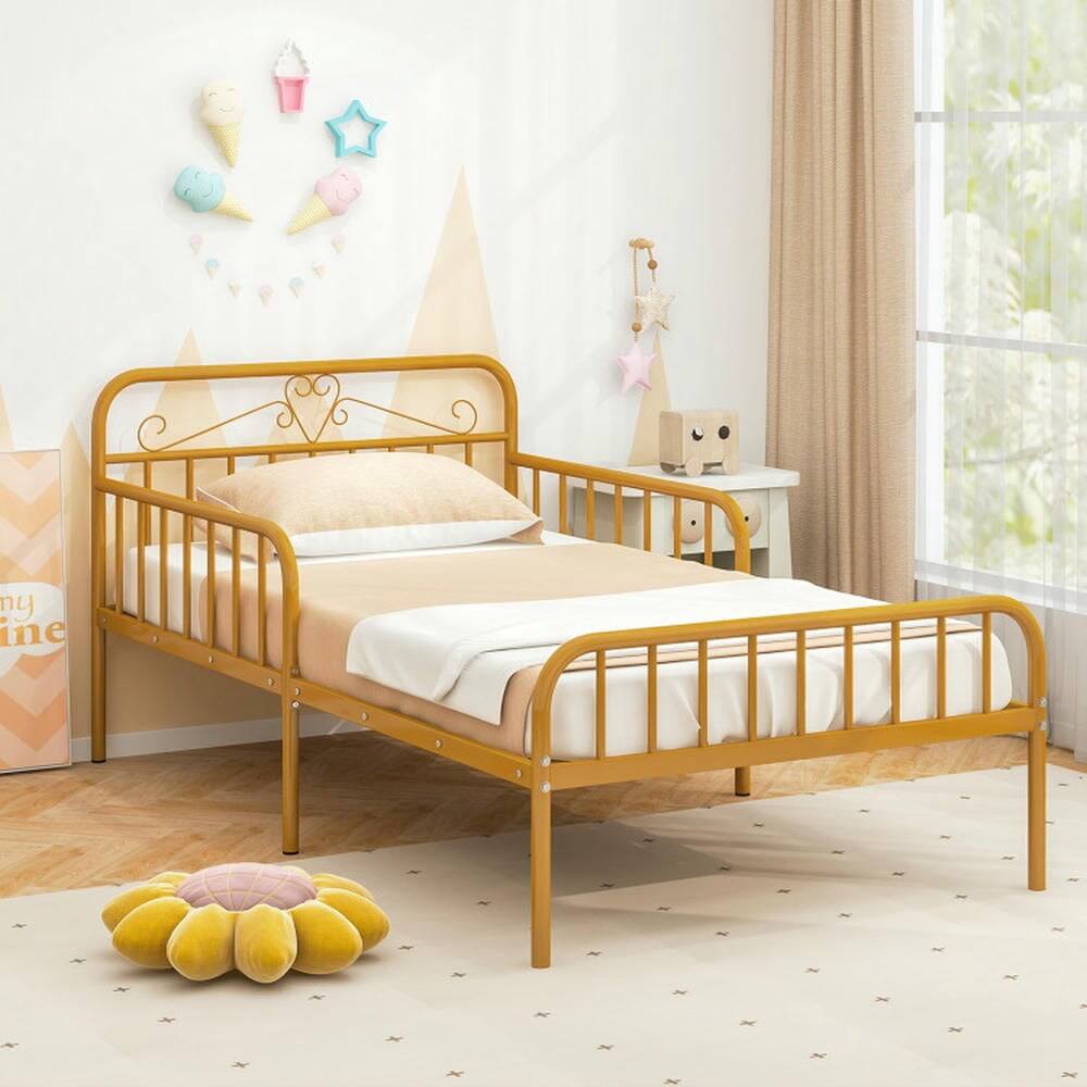 Alt View 6. Kadyn - Platform Bed Frame, Bedroom Bed Frame,Twin Size Bed Frame with Headboard and Safety Side Guardrails-Gold - Gold.