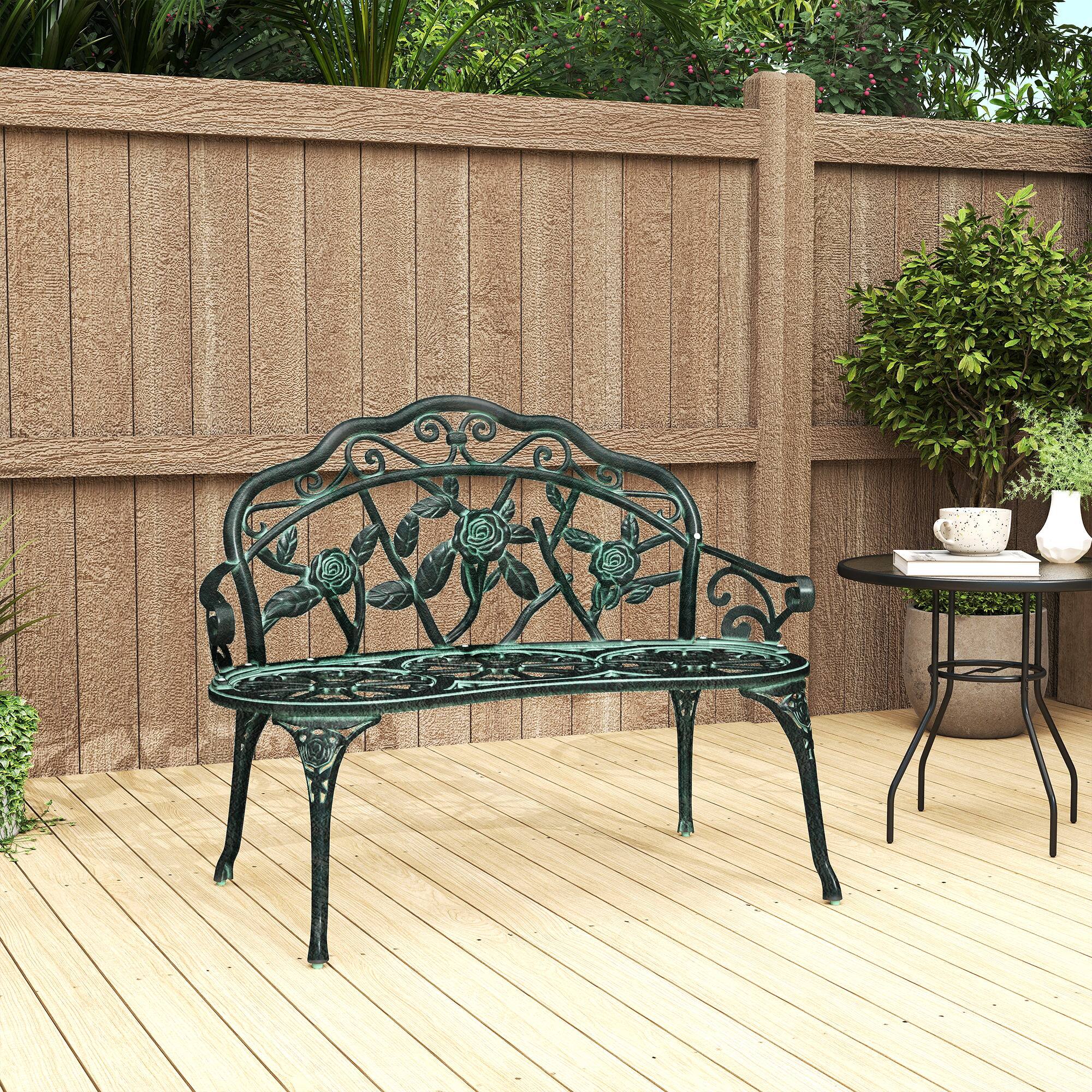Alt View 1. Outsunny - 39.5 Inch Outdoor Bench, Cast Aluminum Garden Bench with Floral Pattern Backrest, Patio Bench with Metal Legs for Park - Green.