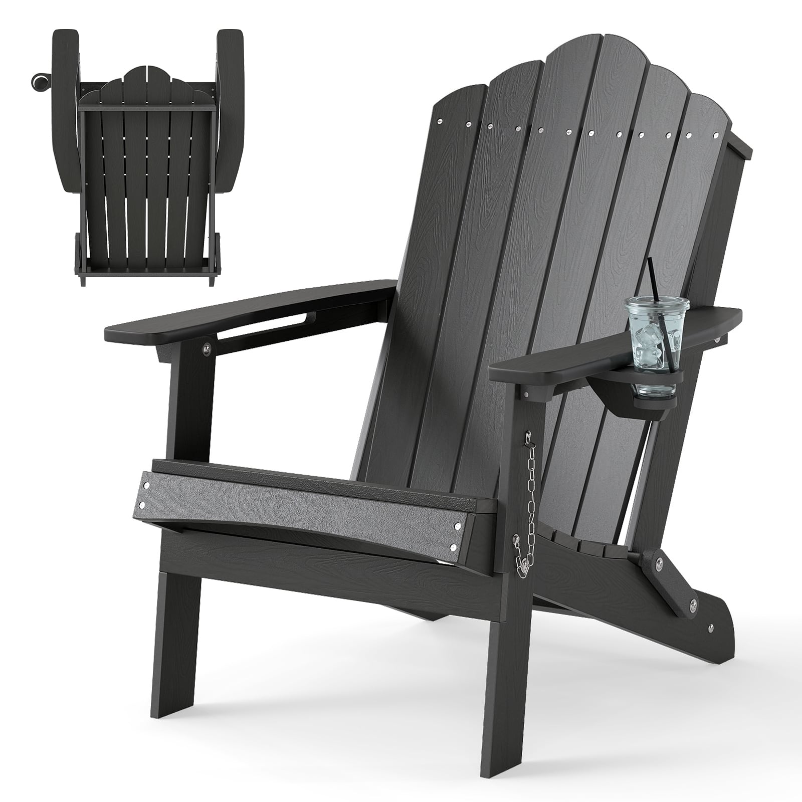 Gymax - Patio Folding Adirondack Chair Weather Resistant Cup Holder Yard Grey - Gray