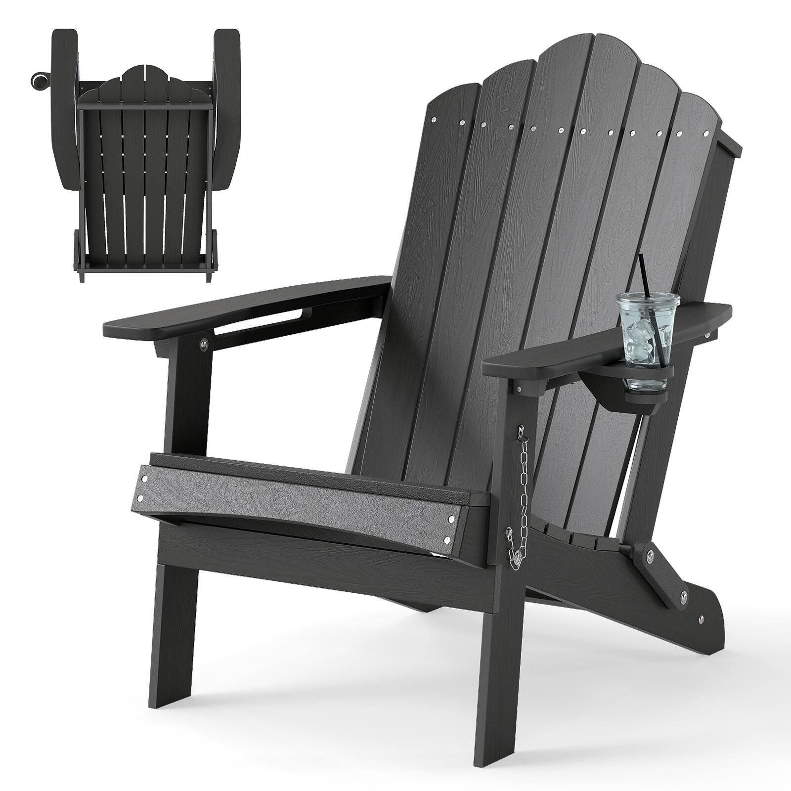 Front. Gymax - Gymax Patio Folding Adirondack Chair Weather Resistant Cup Holder Yard Grey - Gray.
