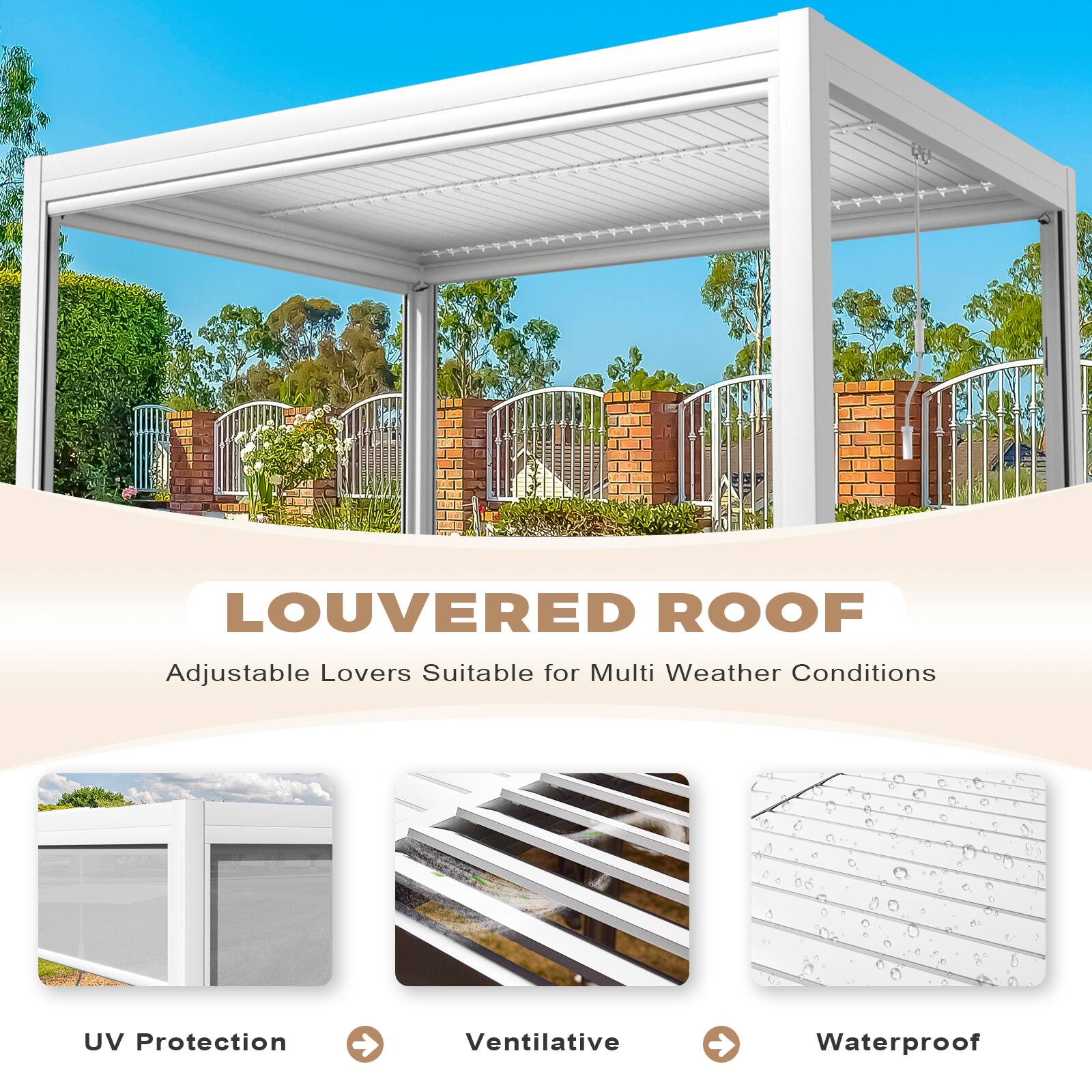 LOUVERED ROOF  
Adjustable Louvers Suitable for Multi Weather Conditions  

UV Protection  
Ventilative  
Waterproof