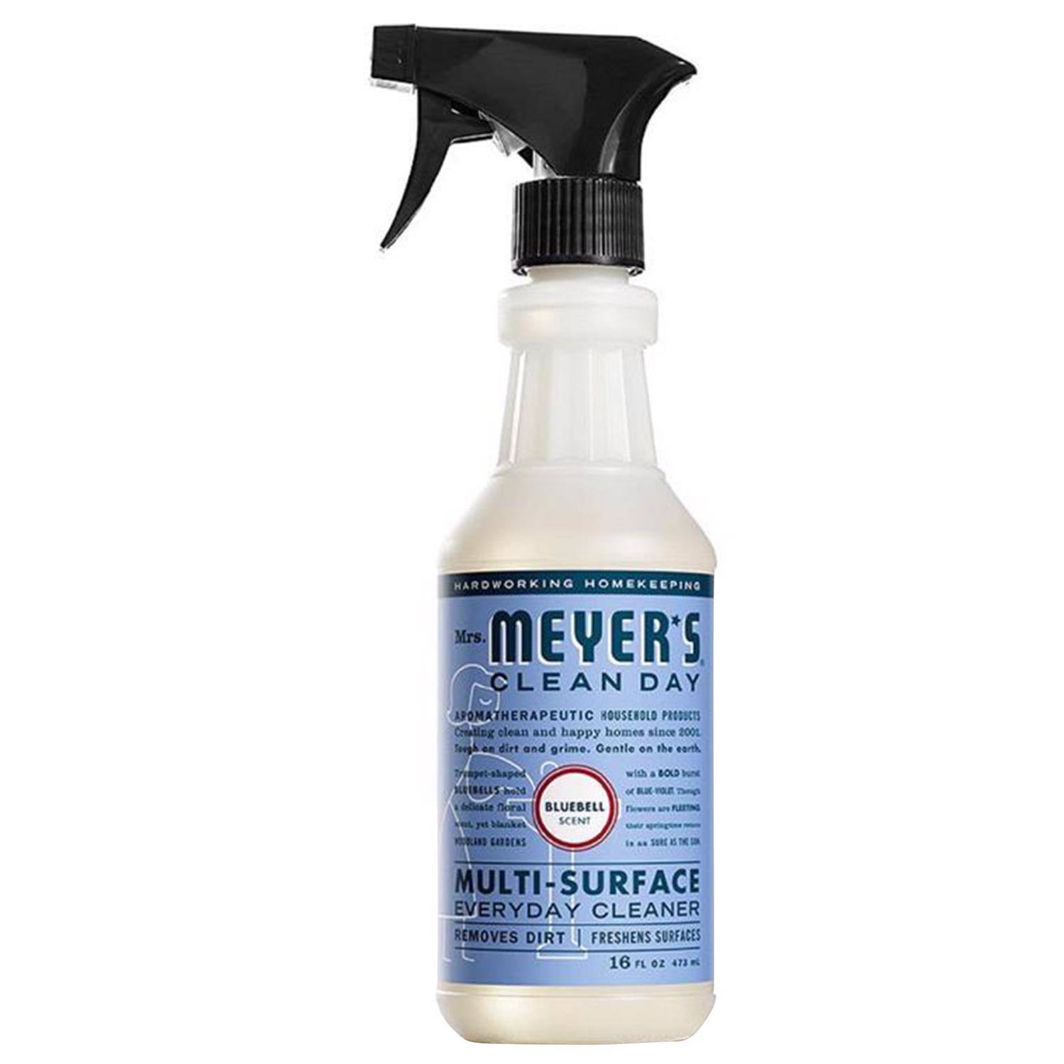 HARDWORKING HOMEKEEPING  
Mrs. MEYER'S CLEAN DAY  
APOTHEPATIC HOUSEHOLD PRODUCTS  
Creating clean and happy homes since 2001.  
Toepel de dirt and grime. Gentle on the earth.  

Tryapel-shaped with a BOLD BLUE BELL SCENT.  

BLUEBELL SCENT  
Flowers are PLEASING  
In a SILENT WAY  

MULTI-SURFACE EVERYDAY CLEANER  
REMOVES DIRT | FRESHENS SURFACES  

16 FL OZ 473 mL