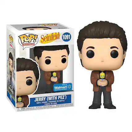 Sure, here is the corrected and grouped text from the image:
---
**Front of the Box:**
- **Top Left Corner:**
- POP! TELEVISION
- **Top Center:**
- Seinfeld 1091
- **Center:**
- JERRY (WITH PEZ)
- **Bottom Center:**
- VINYL FIGURE / FIGURINE EN VINYLE / FIGURA DE VINIL / FIGURA DE VINIL
- **Bottom Left:**
- WARNING: CHOKING HAZARD - Small parts. Not for children under 3 years.
- **Bottom Right:**
- ATTENTION: PELIGRO DE AHOGO - Piezas pequeñas. No es para niños menores de 3 años.
- **Bottom Center (in multiple languages):**
- ADVERTENCIA: PEZ - PEZ - PEZ
- **Bottom Right (in multiple languages):**
- Save money. Live better. / Ahorra dinero. Vive mejor. / Économisez de l'argent. Vivez mieux.
- **Bottom Center (in multiple languages):**
- WARNING: CHOKING HAZARD - Small parts. Not for children under