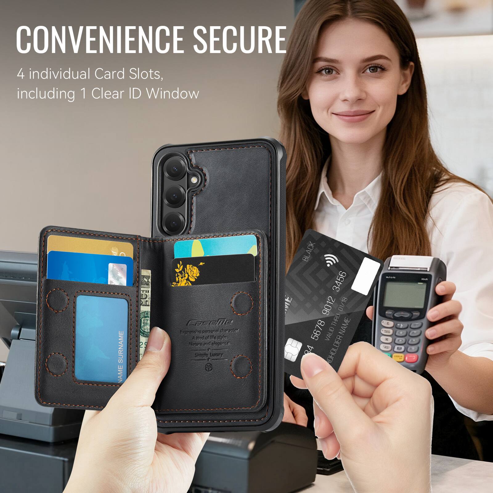 CONVENIENCE SECURE  
4 individual Card Slots, including 1 Clear ID Window  

SURNAME NAME  
T1 25 Casclr Egeening Aintooecre dei e 3nd of the s0 nohores roodan 5 f Sore Lury  

ACK BL 3456 9012 01/18 UV THRU NAME 5678 1 VALID 24 ADHOLDER